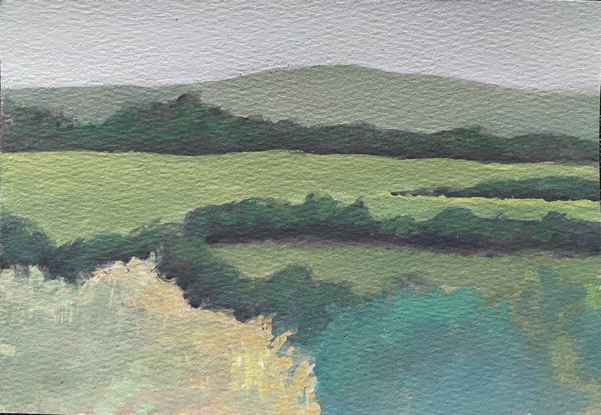 "View from Alison's studio" - Original plein air completed in Forestville, CA. 2021. 7.5" x 5.12". Gouache. $80 (SOLD)