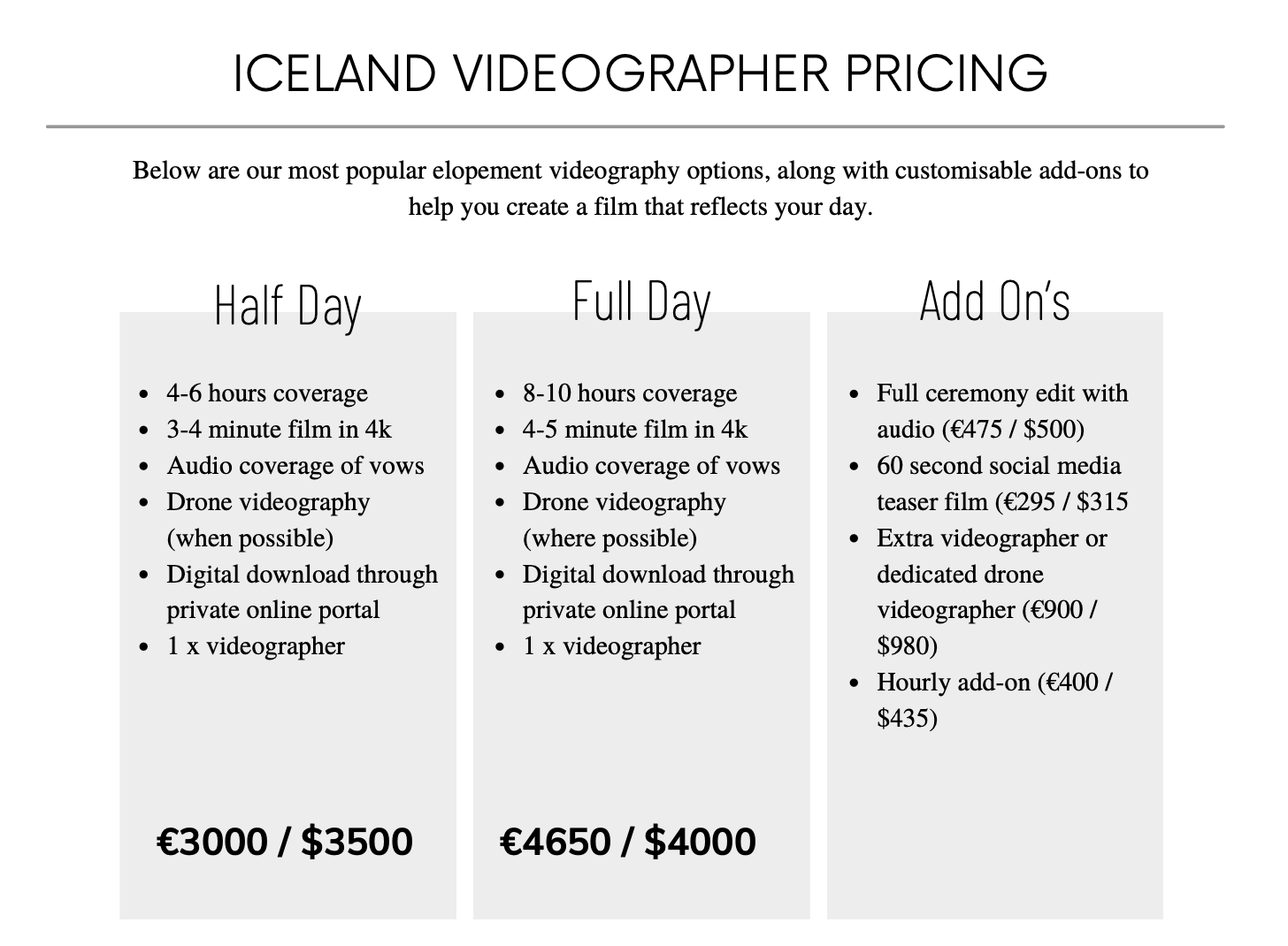 iceland elopement videographer pricing for 2026