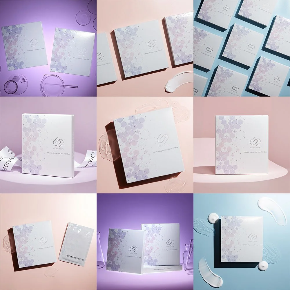 9 small photos combine on the 1 image. All is skin care product paper packaging  product photography. Photo by the Brand Photo, Sydney Australia.