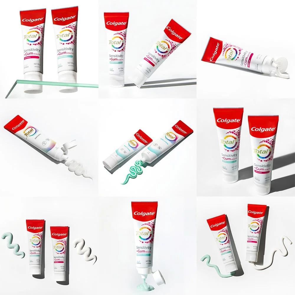 9 small photos combine on the 1 image. All is toothpaste product photography. Photo by the Brand Photo, Sydney Australia.