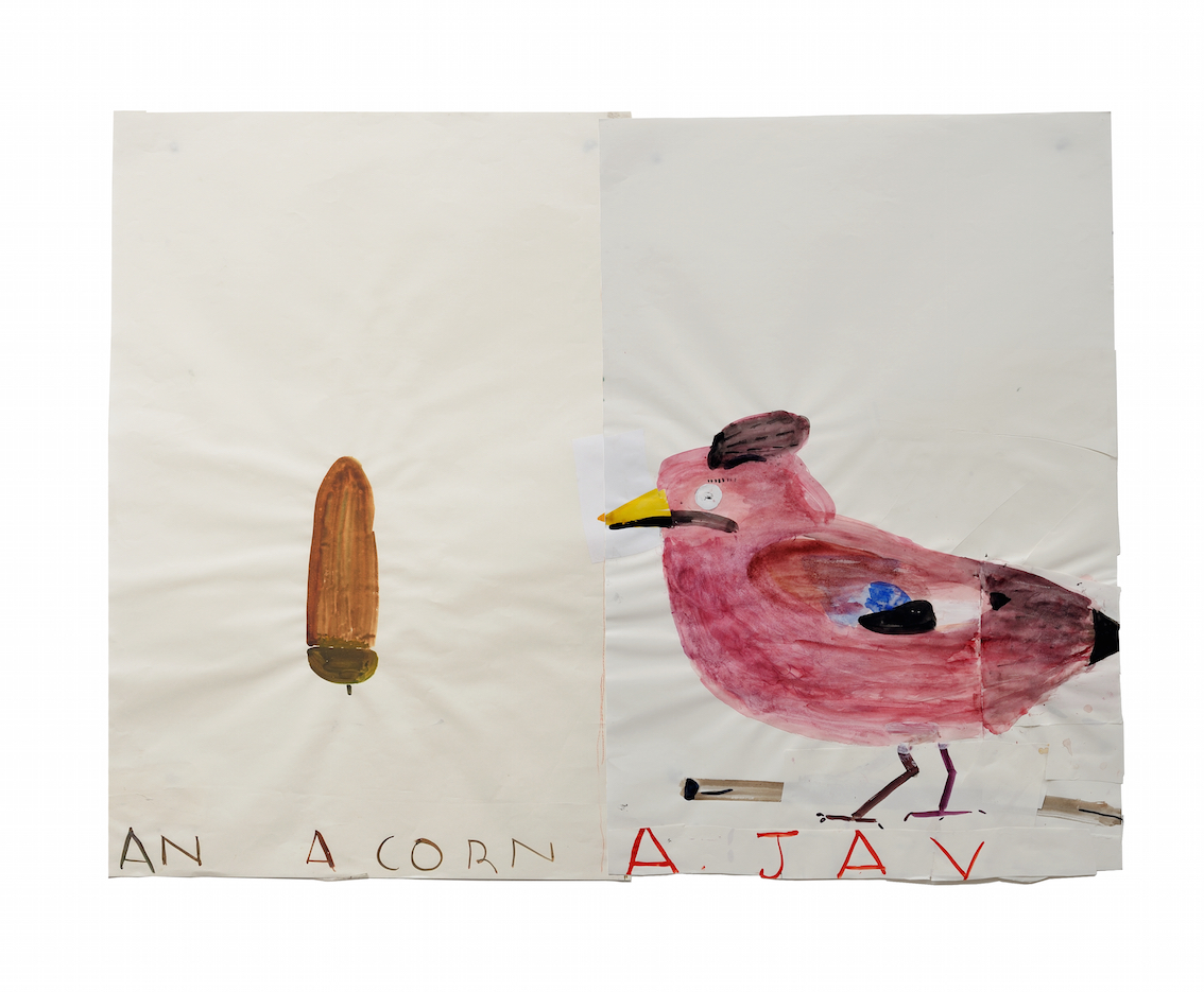 Rose Wylie, Acorn & Jay, 2014, Watercolour and Collage on paper, 84 x 112cm