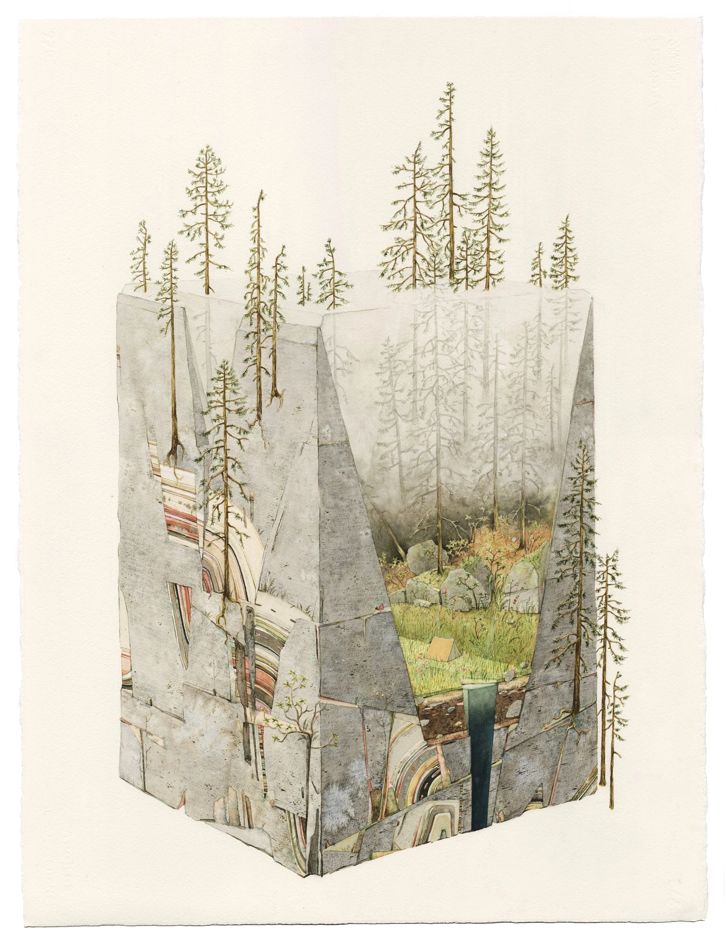 “Dampening Fog” / Watercolor and gouache on paper / 30” X 22”
