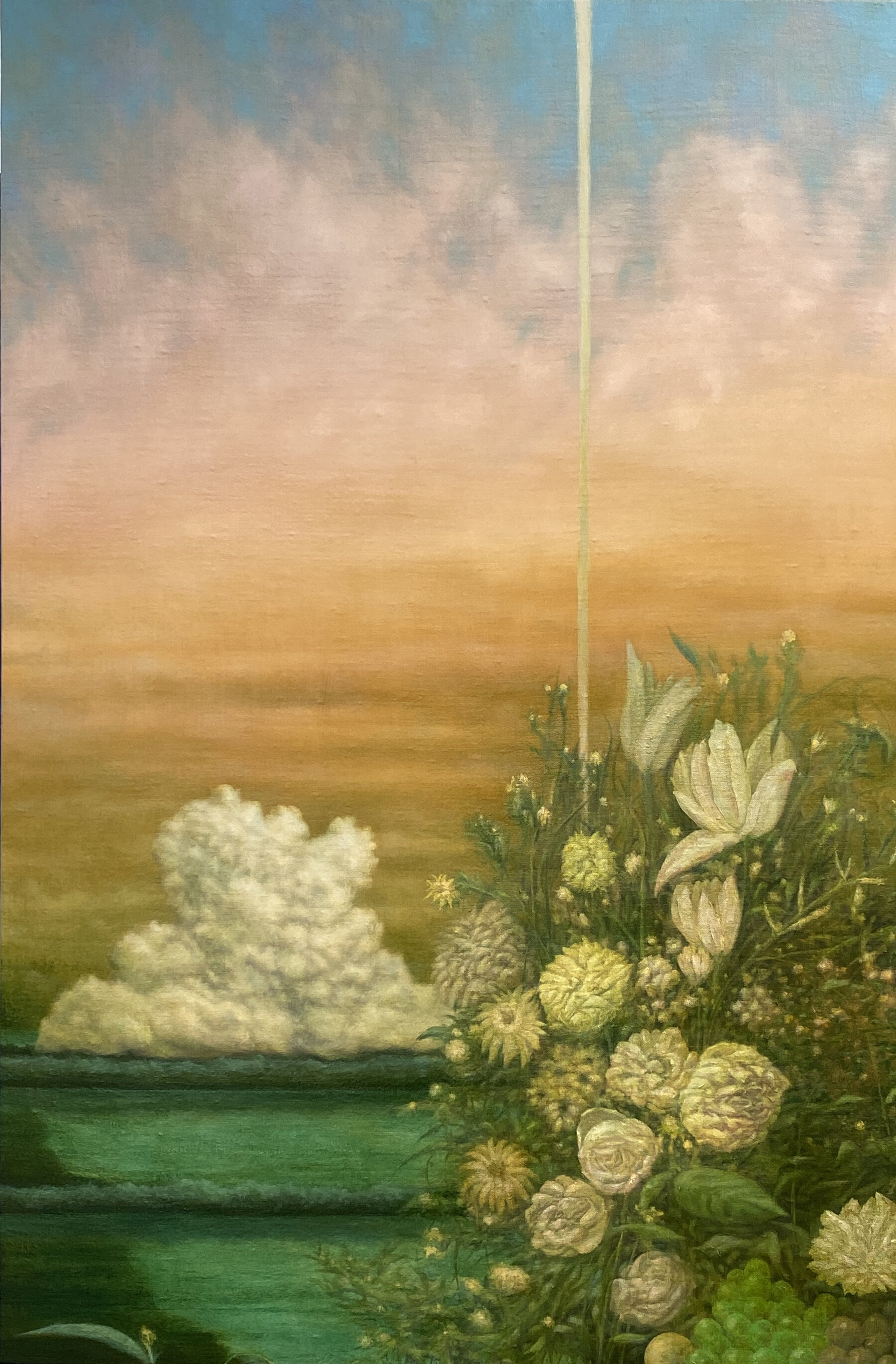 Falcon Heavy launch with Margareta Haverman’s Vase of Flowers, 24” x 36” oil + wax on linen over panel, 2019
