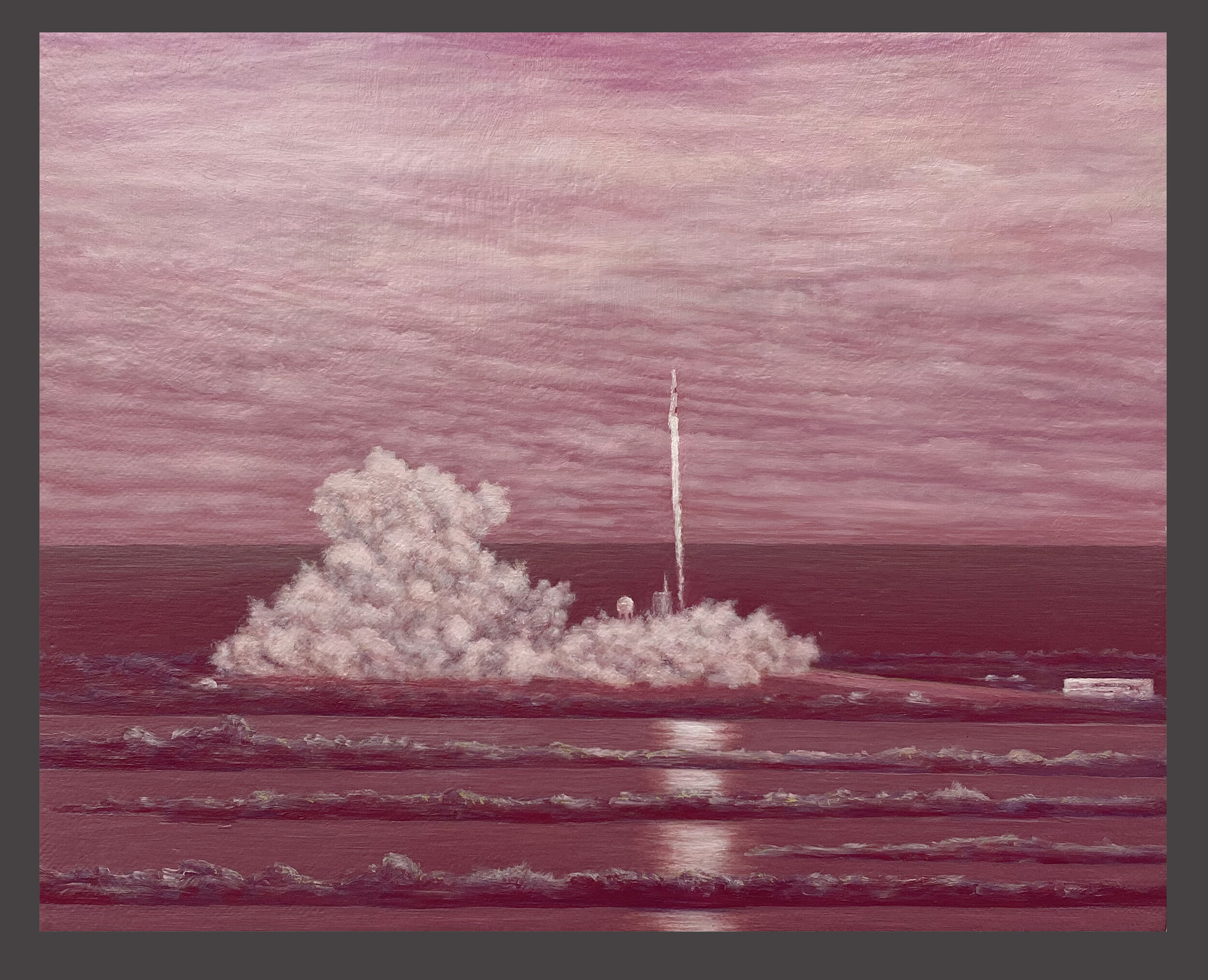 alizerin pink Space X crew Dragon spacecraft launch, 8" x 10", oil and egg tempera on linen over panel, 2020