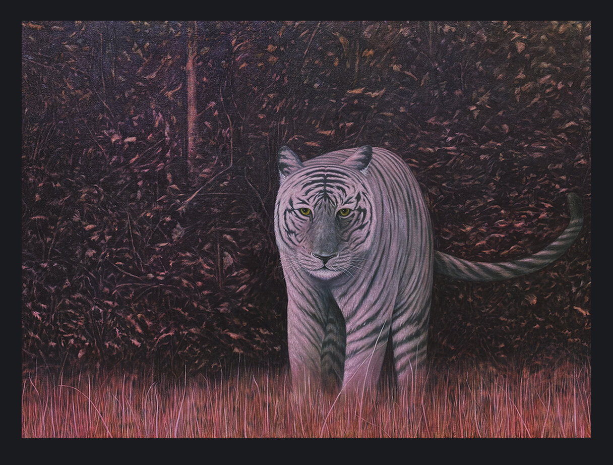 there is a vicious tiger on the loose, 78" x 57", oil, acrylic, graphite, charcoal, & wax on linen, 2020