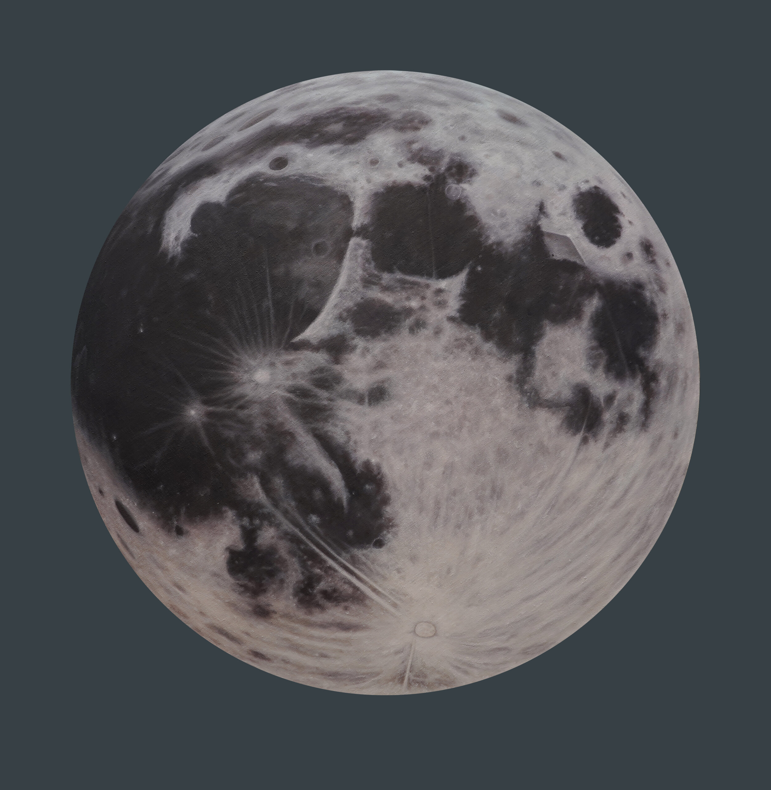 snow moon, 35.5" tondo, oil, graphite, + wax on linen over panel, 2021