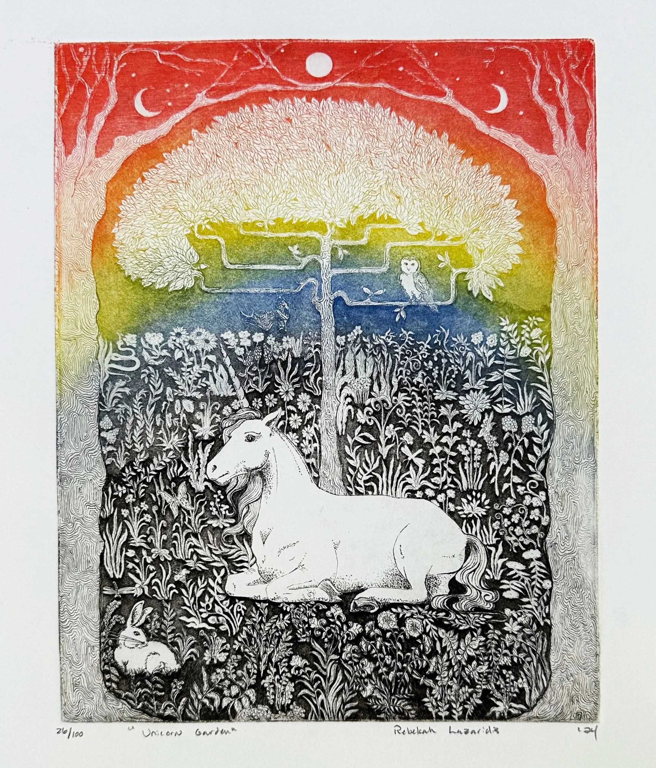 "Unicorn Garden" in Rainbow à la poupèe, 8x10"
