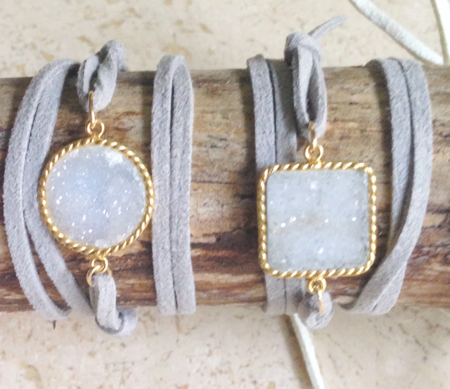 Fancy braided Druzy on light grey wrap