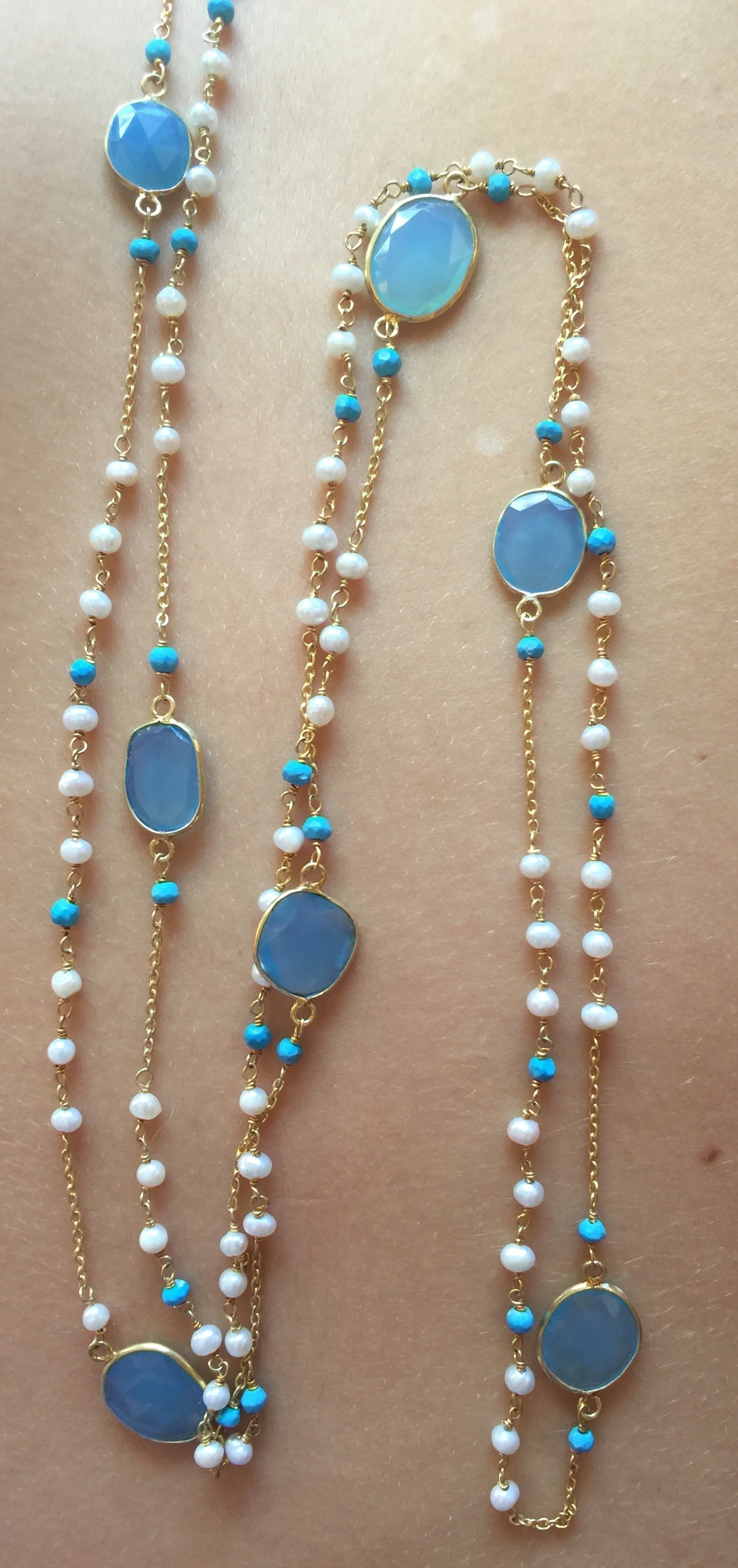 X Long Pearl & Blue chalcedony necklace- 40inch