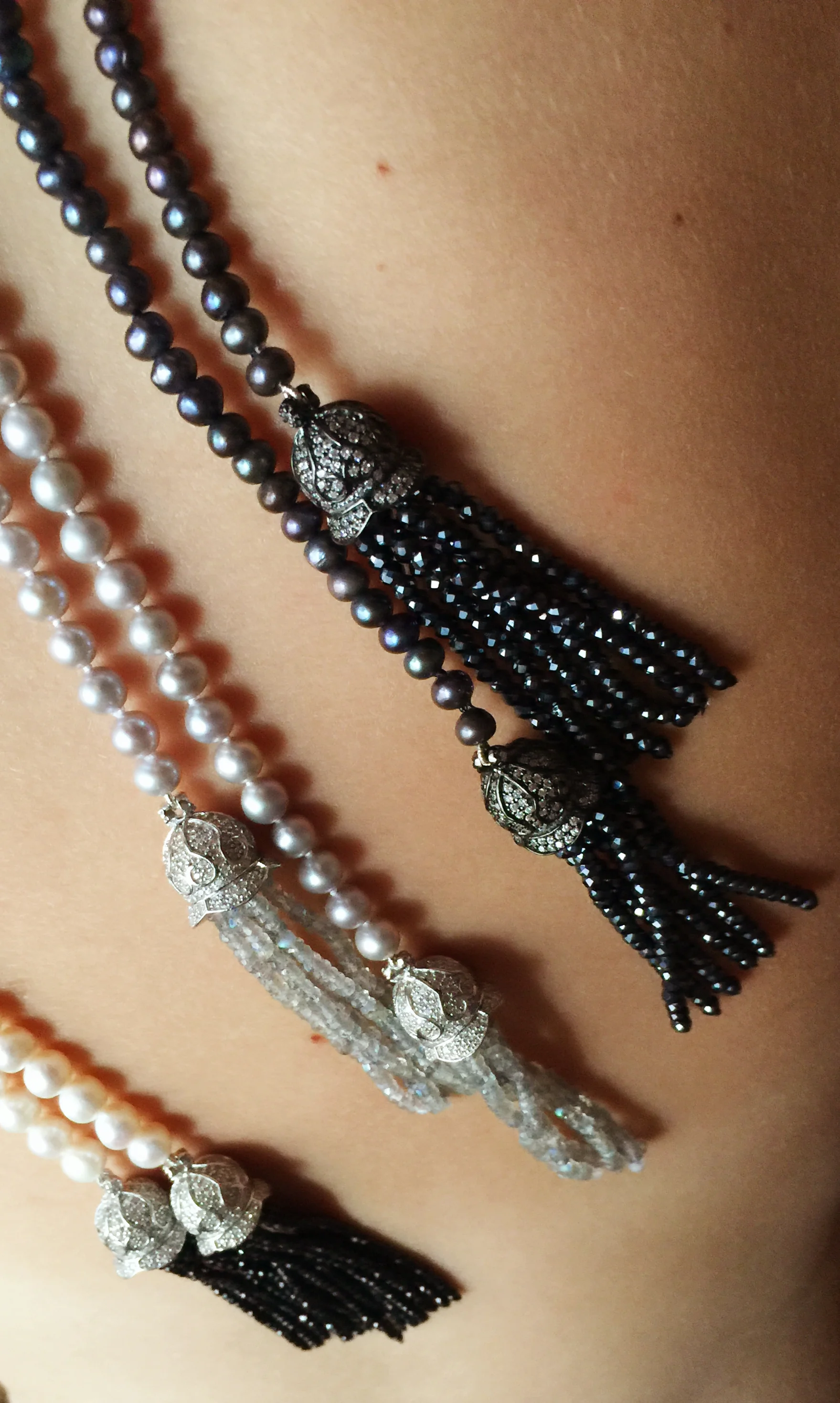 White Pearl Lariat w/ semi precious tassel pendants