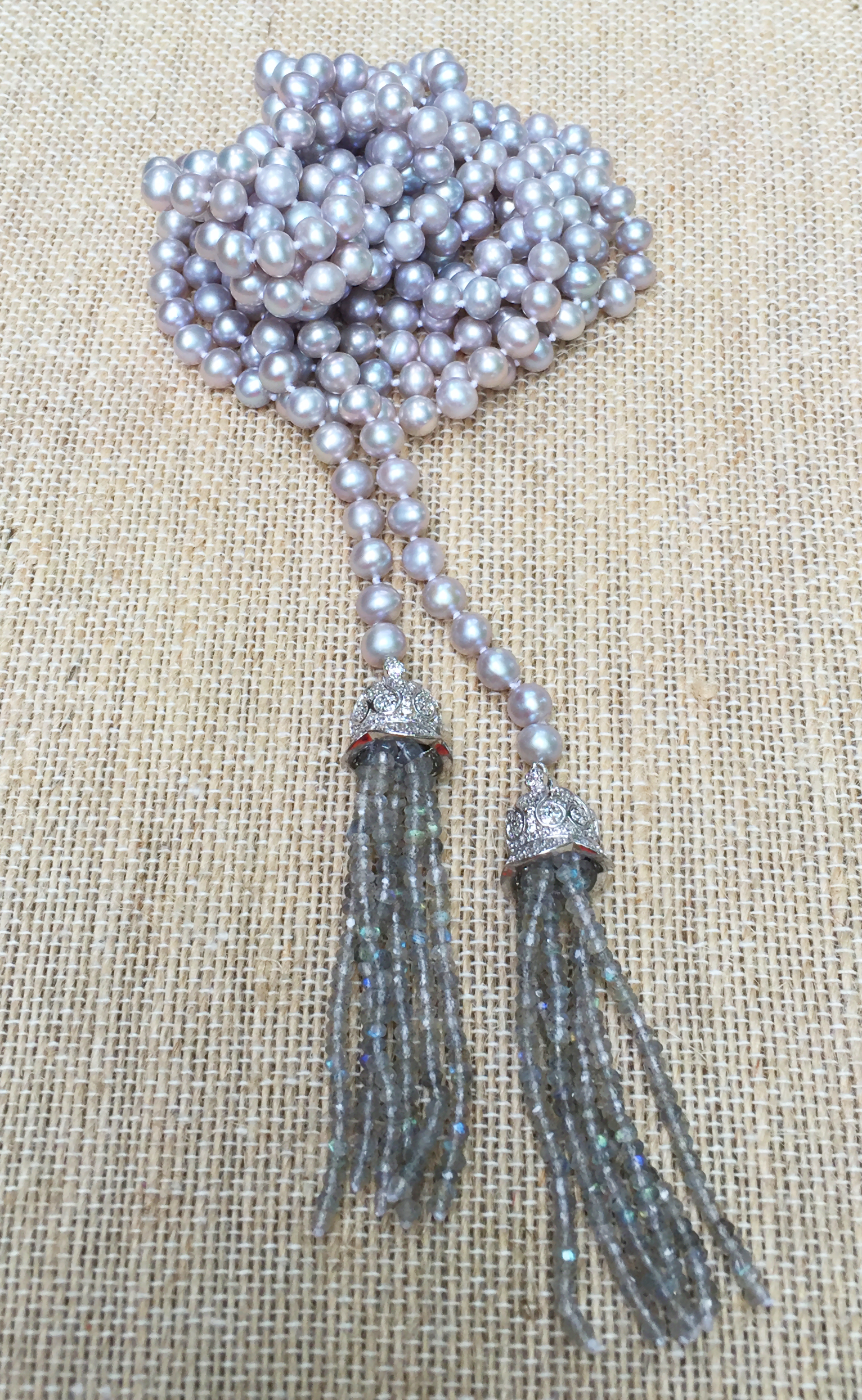 Dove grey Pearl Lariat w/ semi precious tassel pendants
