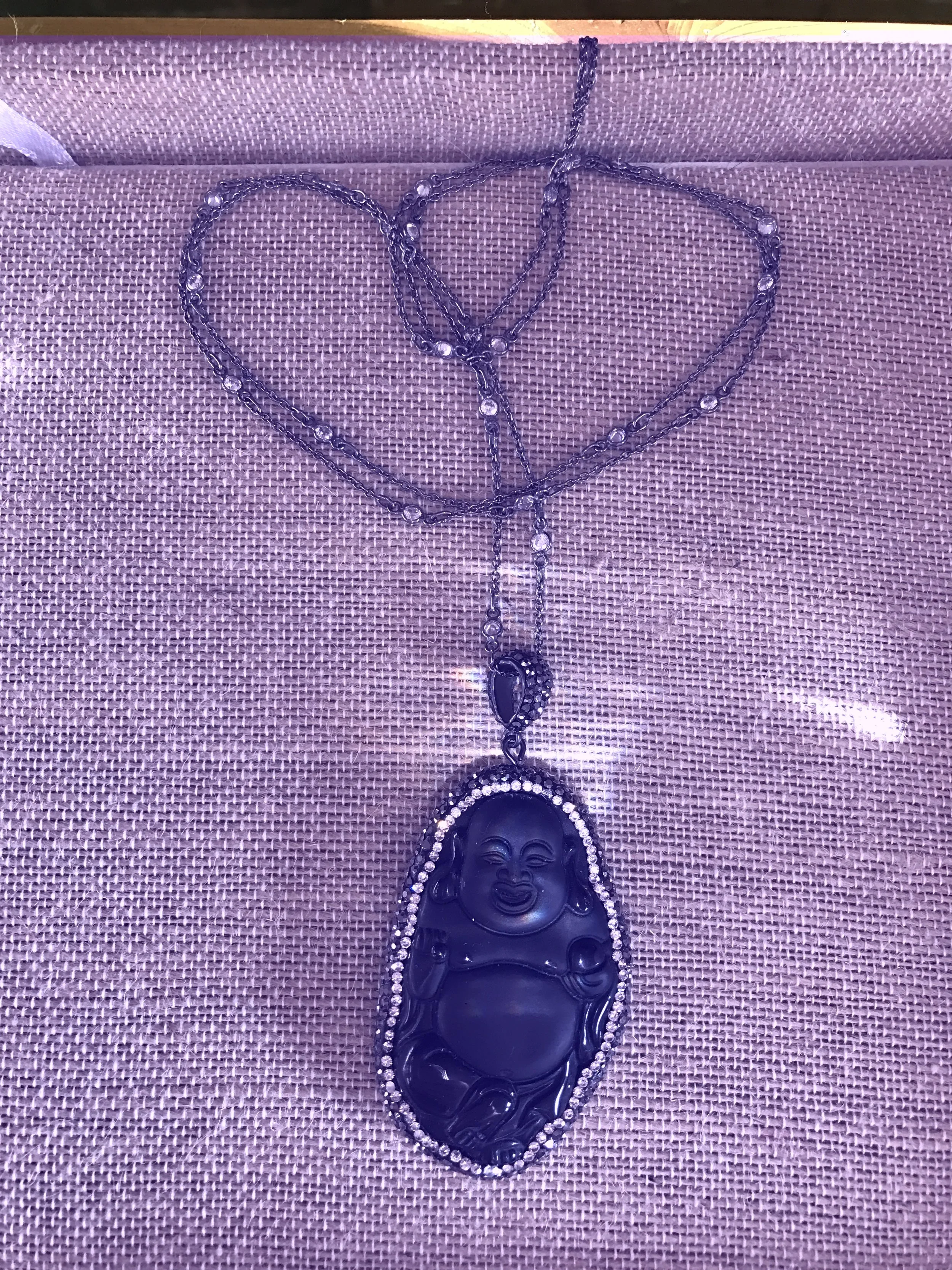 Black Onyx Buddha on Faux diamond SS chain (36")