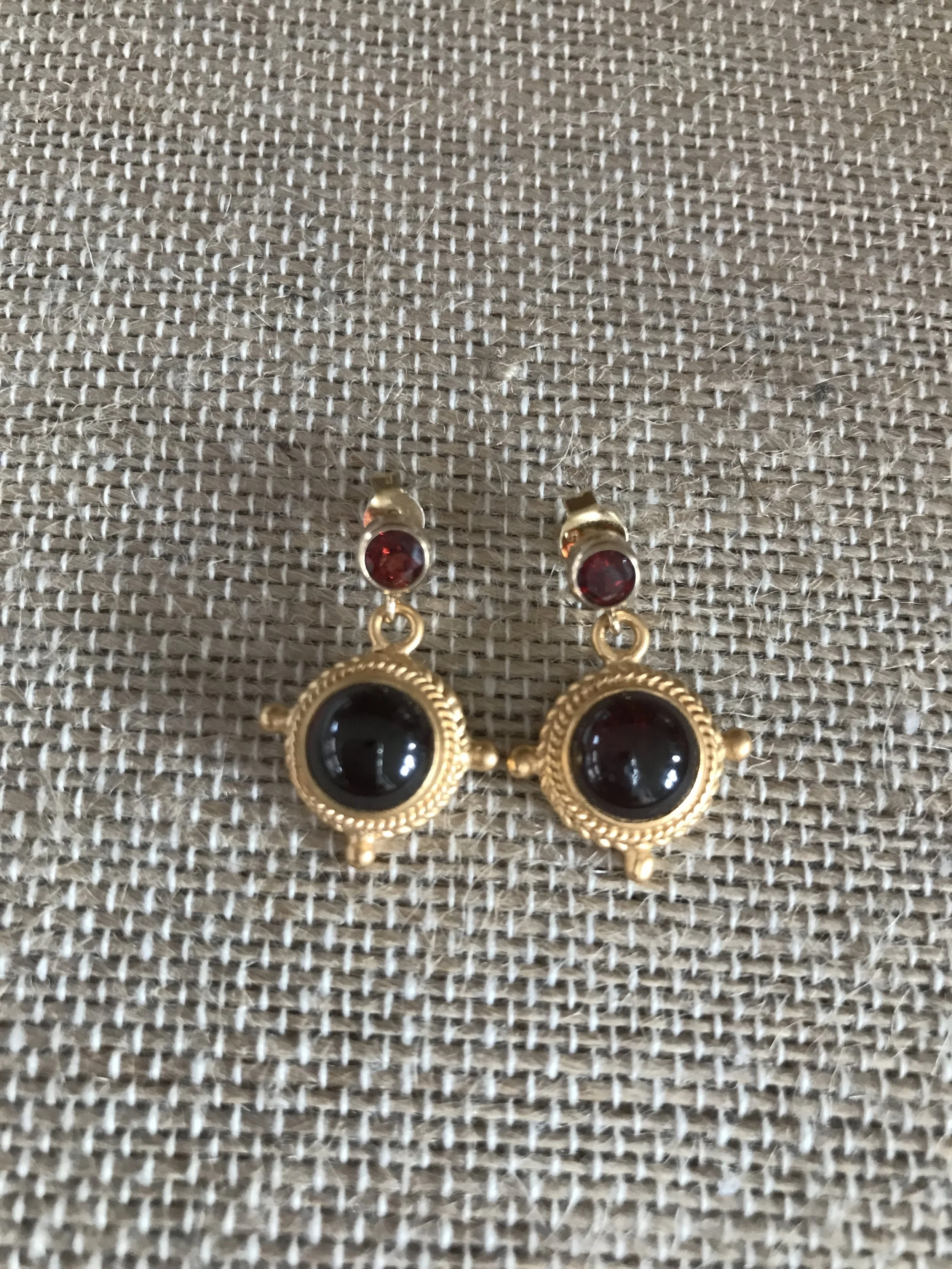 Double Garnet Stud Ear rings in Antique Matte Gold vermeil