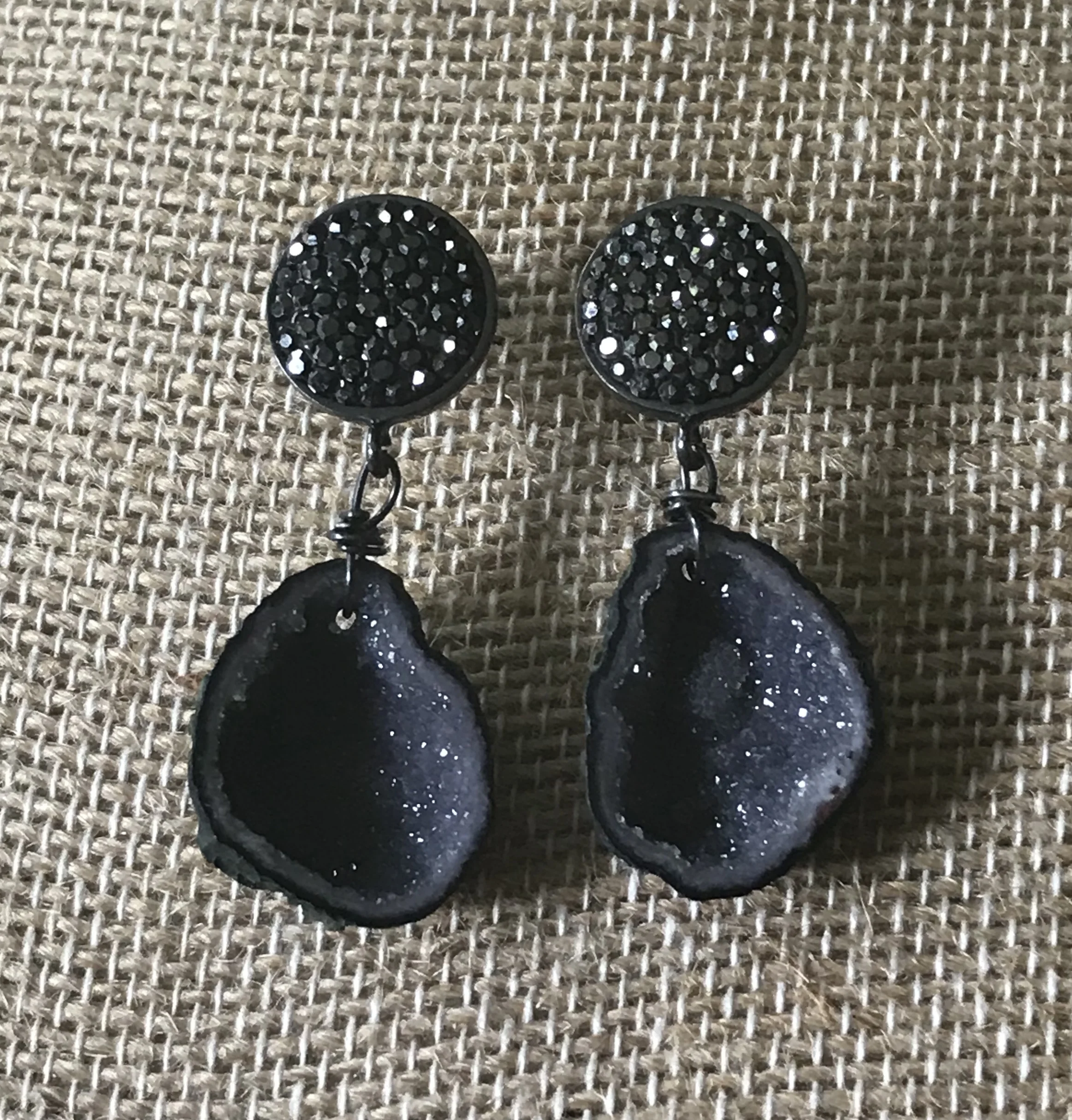 Raw black druzy geode dangle ear ring