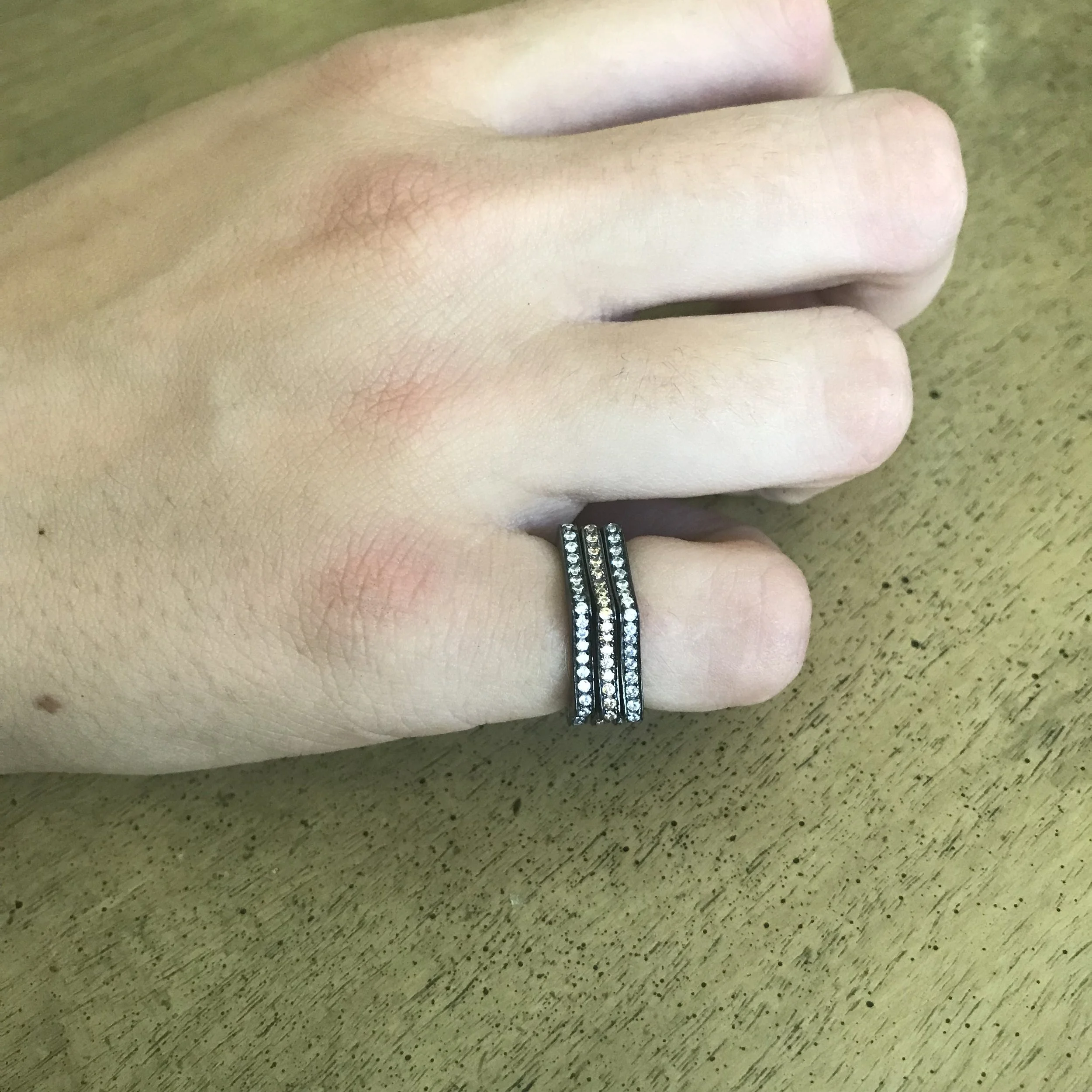 Stackable rings - blackened silver & crystal - size 5