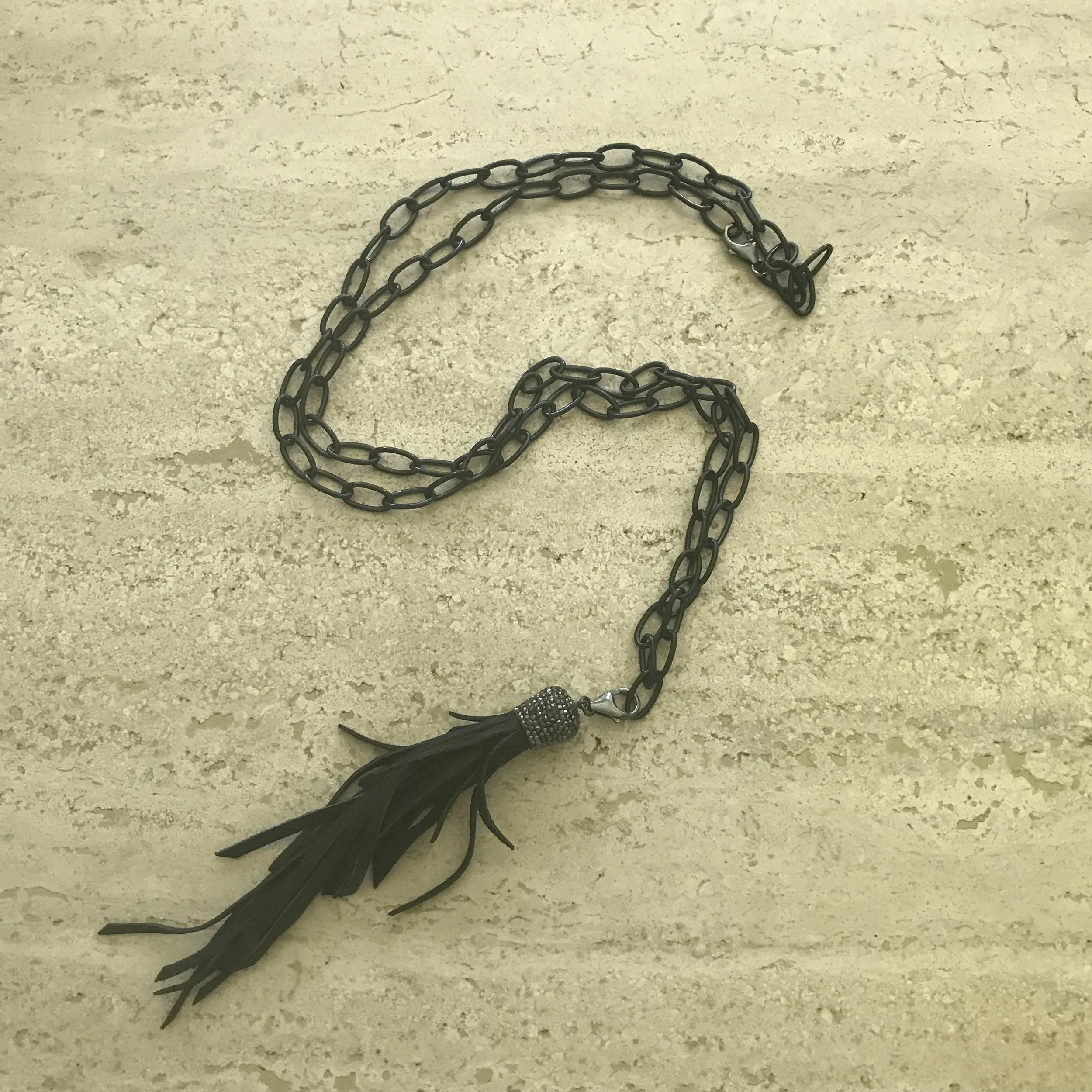 Leather Tassel on thick blackened sterling silver chain