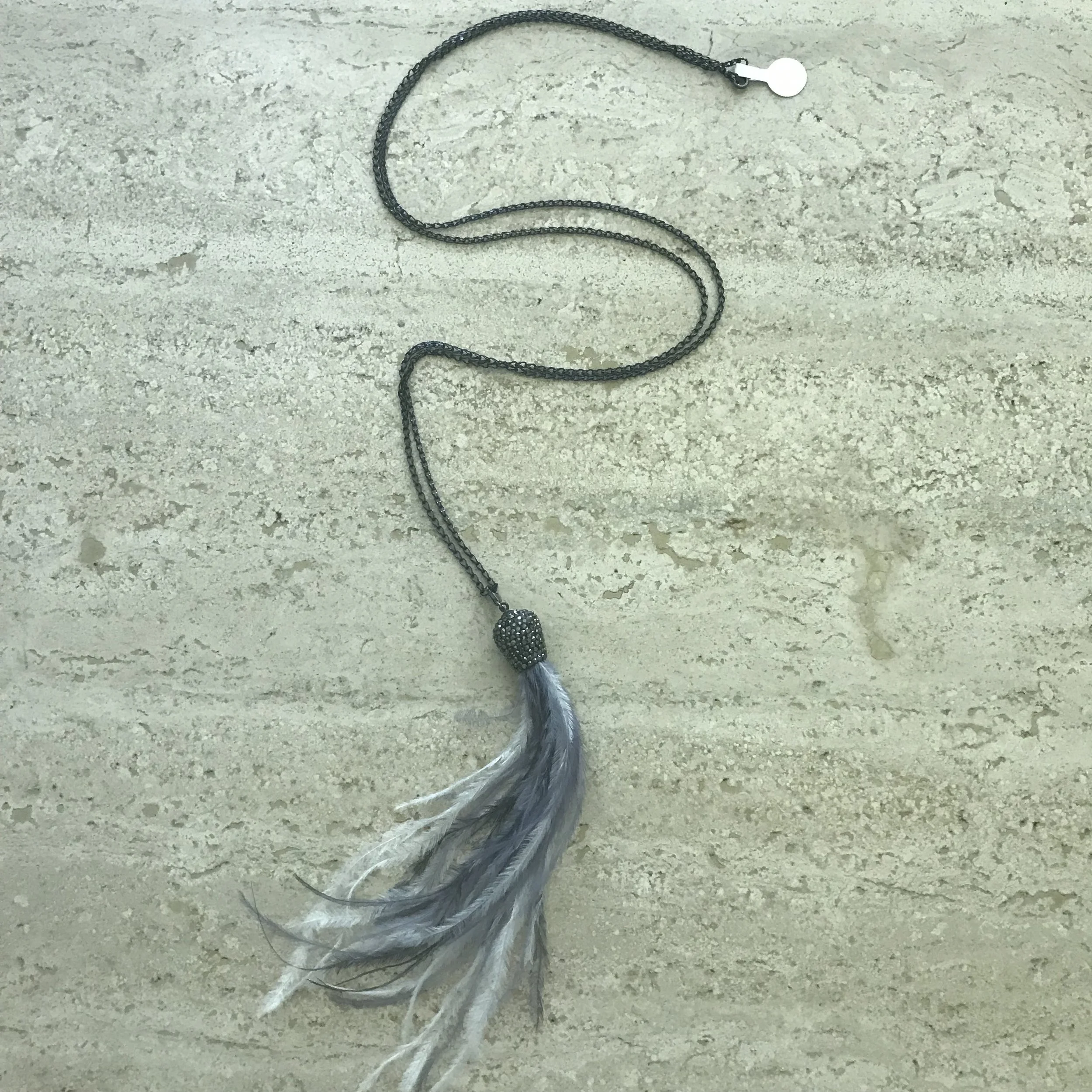 Birds of a feather tassel on thin 36" chain