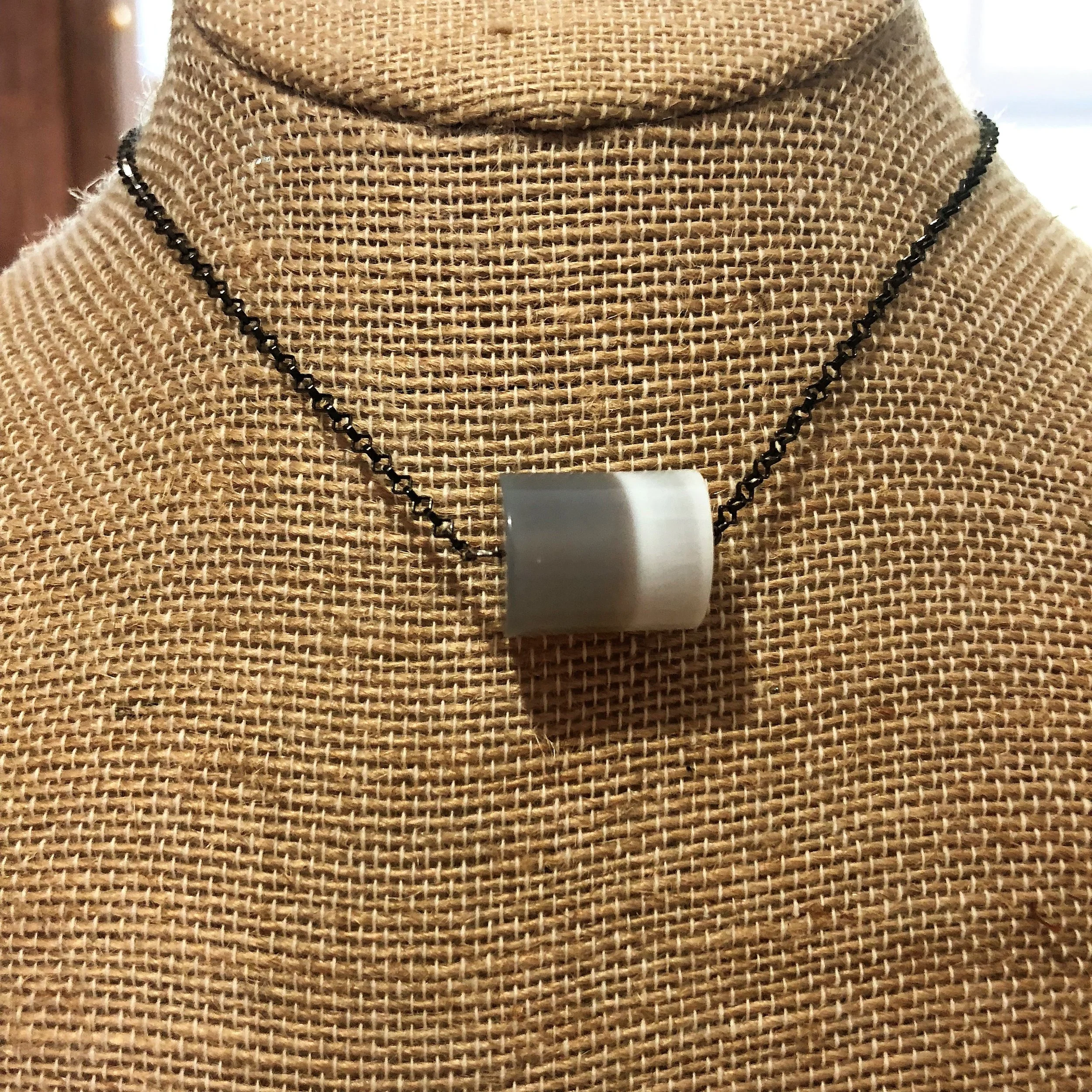 Barrel agate on blackened silver chain