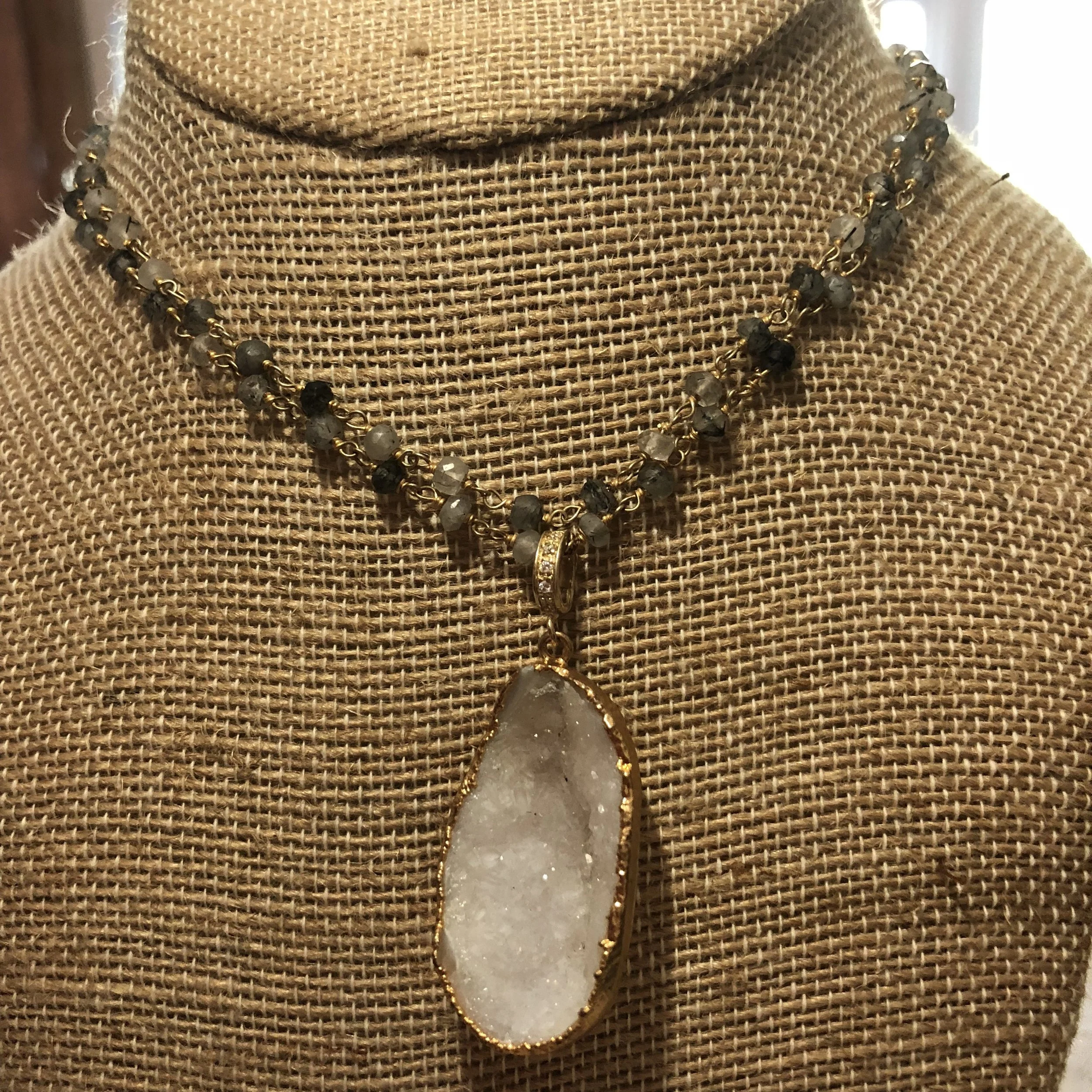 Dual toned Druzy on 36in white chalcedony /vermeil chain