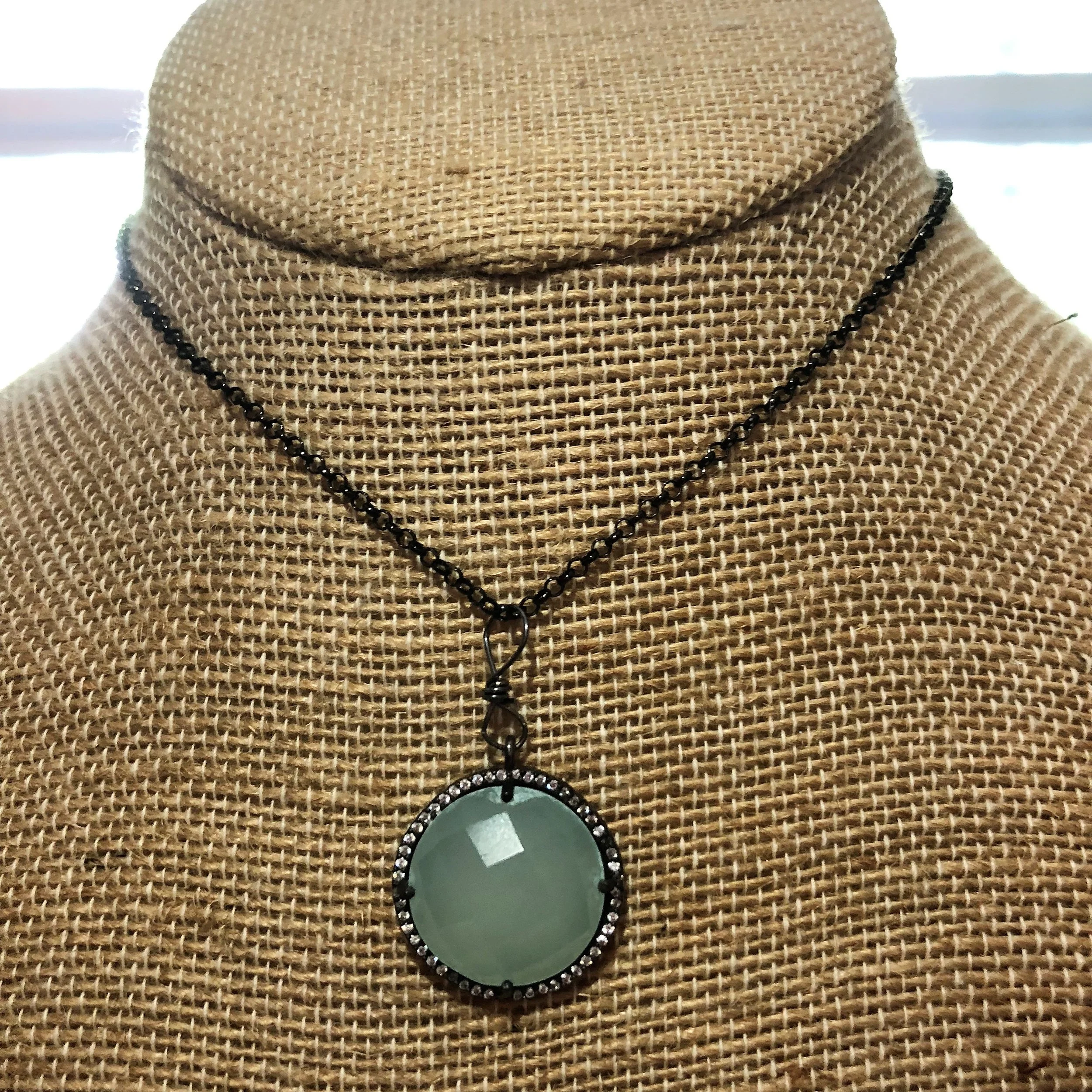 Aqua chalcedony pendant on blackened silver chain