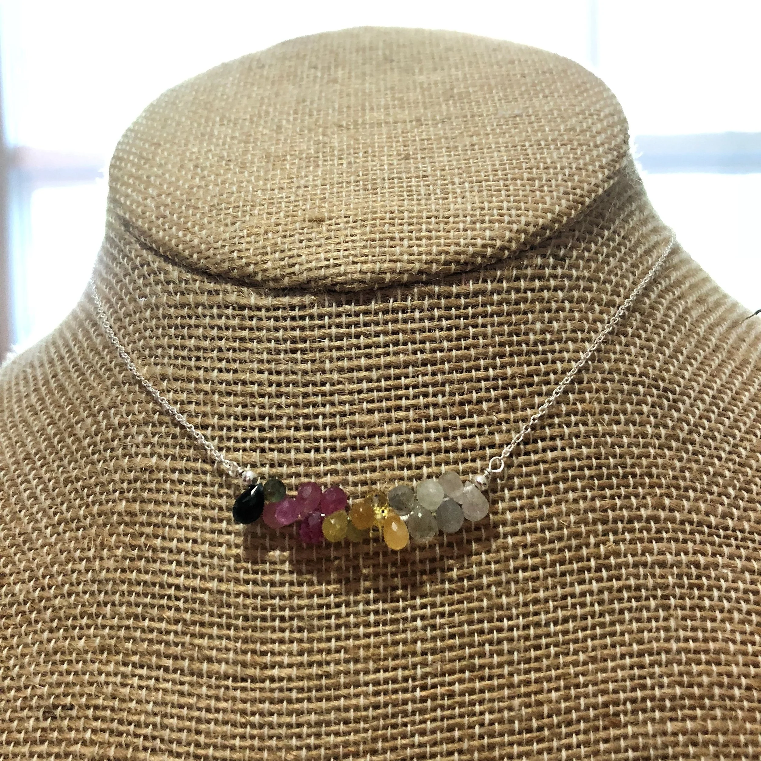 Multi color sapphire briolettes on sterling silver chain