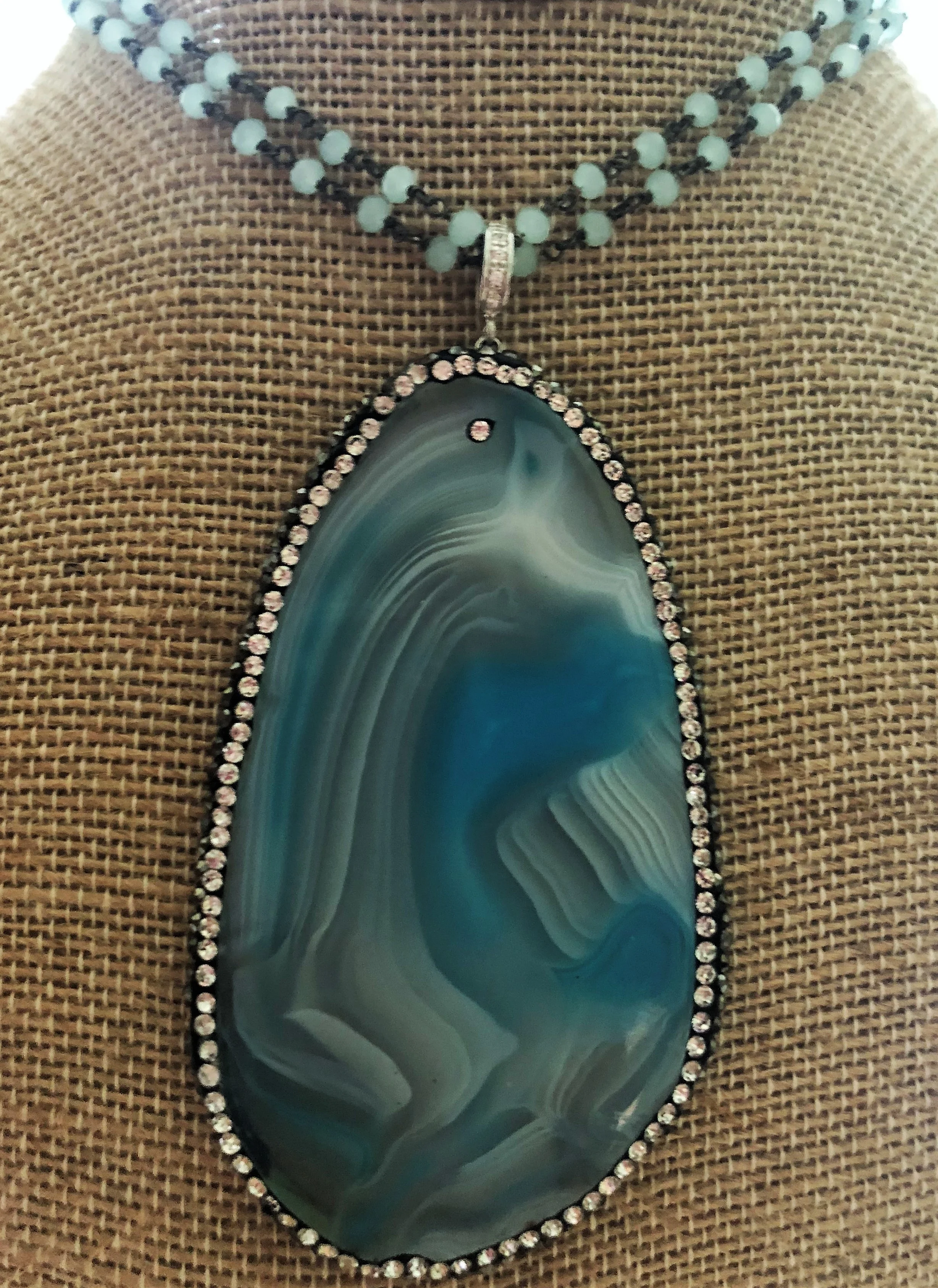 Rare turquoise agate on blue chalcedony/blackened silver chain