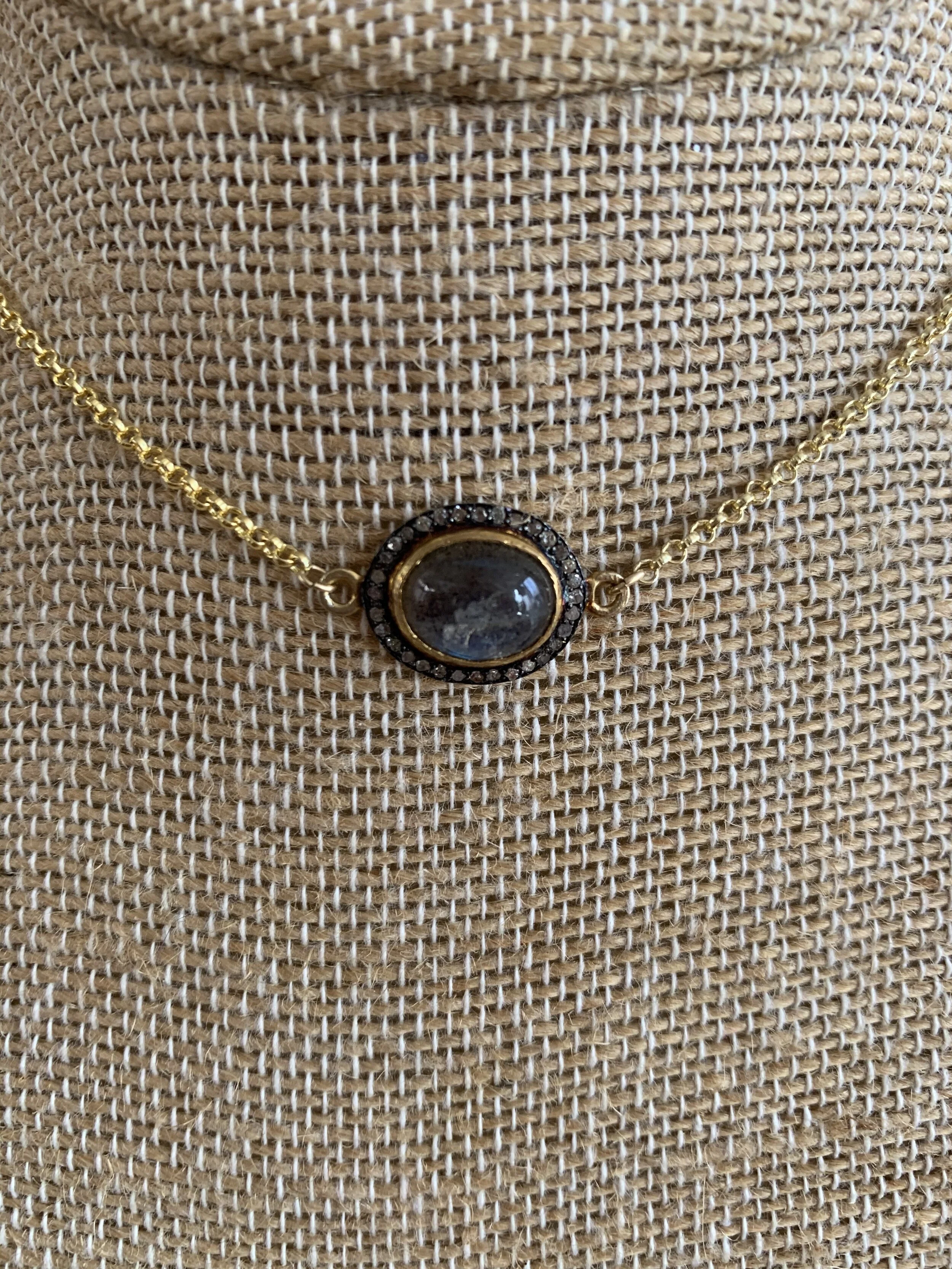 Labradorite with diamonds - oval on 16/18" vermeil chain