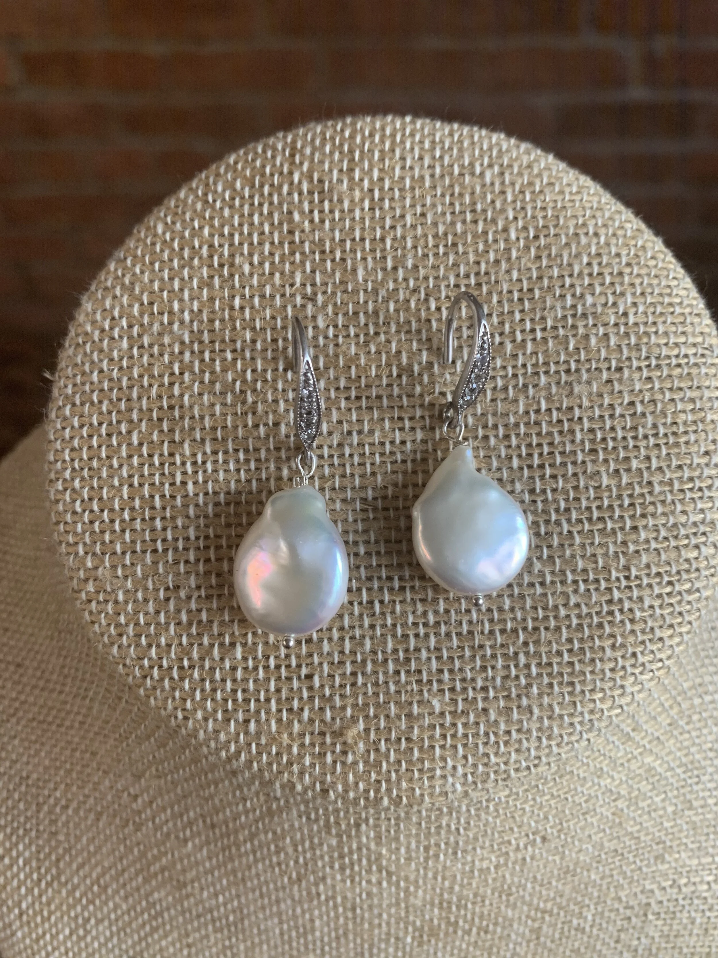 Flat Baroque Pearl &amp; Crystal pave ear rings 