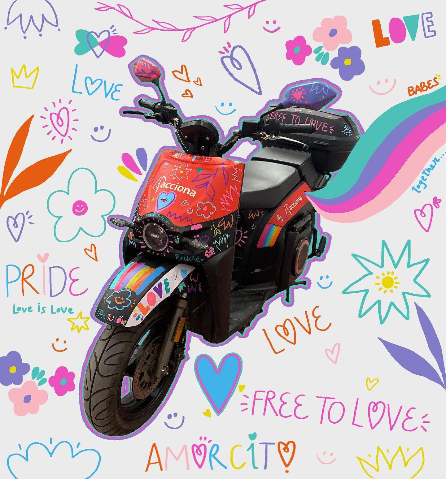 Hoy he llenado todo de colores, arcoiris, corazones y mucho LOVE para celebrar el Orgullo 2022 junto con @accionamovilidad 🌈

Esta es Amorcito, mi moto alegre que va a estar expuesta en Madrid en la Calle de Atocha 109 (delante del hotel) 🙃💓

Cele