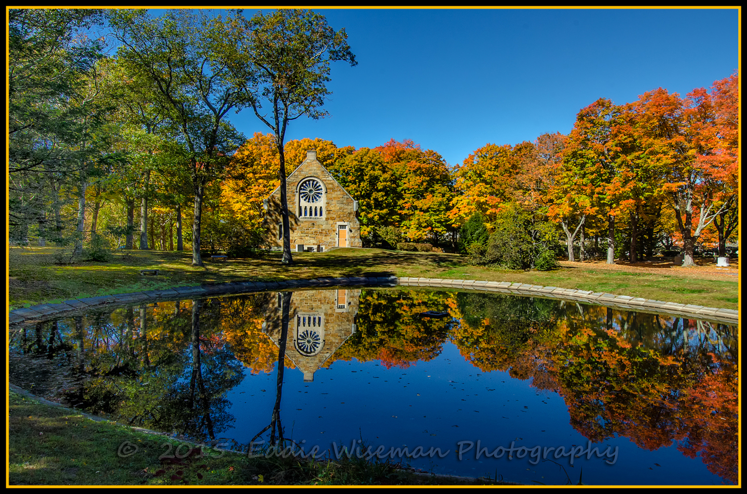 West Parish Cemetery Chapel -Rear View with Reflection in Pond, Andover, MA 2015