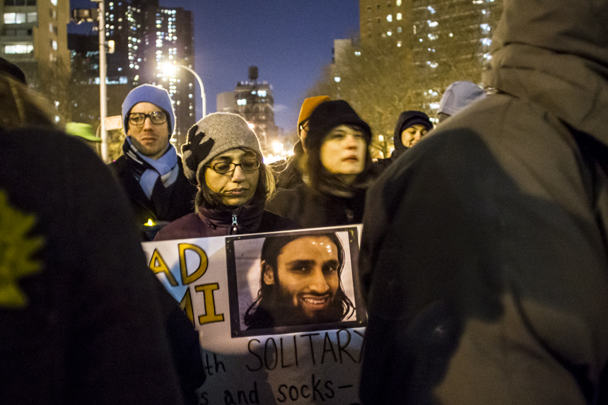 Activists stand holding signs to support Fahad Hashmi as a part of the No Separate Justice campaign at the Metropolitan Correctional Center in New York in February, 2014. Hashimi, who is now serving a 15-year in solitary confinement at the federal "Supermax" prison in Florence, Colo., is sentenced for materially supporting terrorism related to 9/11. Human rights and civil rights activists believe Hashimi has been unfairly treated before and during his trail.