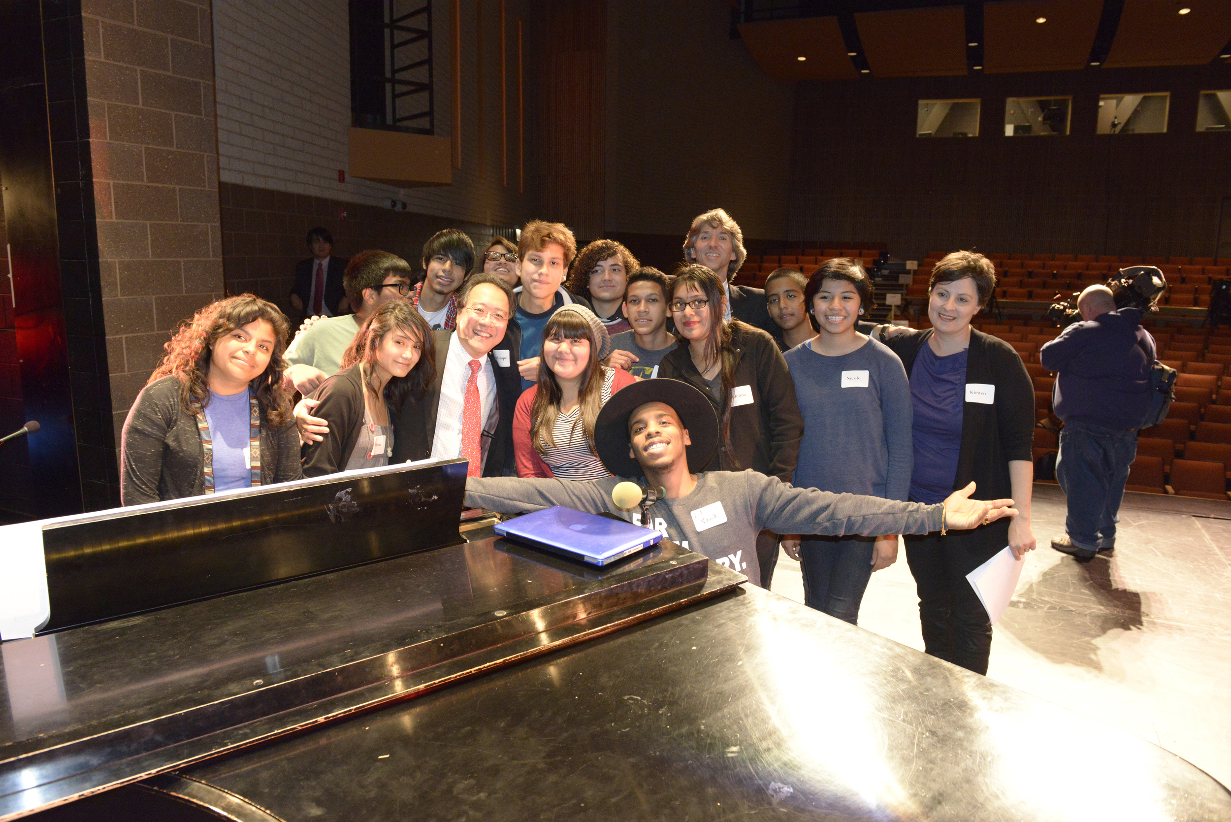 Yo-Yo Ma and Lil Buck with music and drama students of Benito Juarez Community Academy before the public launch of Be Creative: The Campaign for Creative Schools