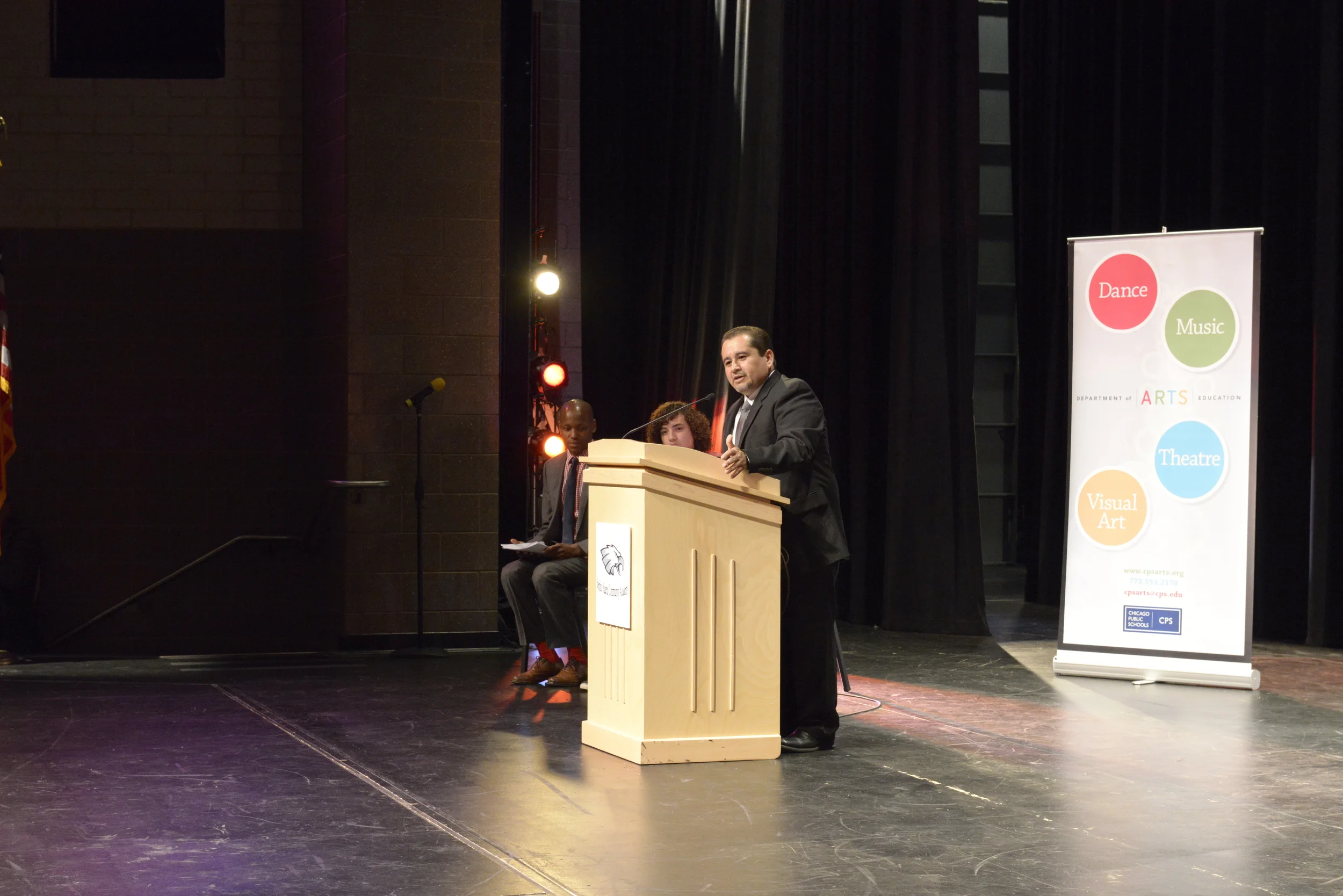 Benito Juarez Community Academy Principal Juan Ocon welcomes guests to the launch event celebrating Be Creative: The Campaign for Creative Schools