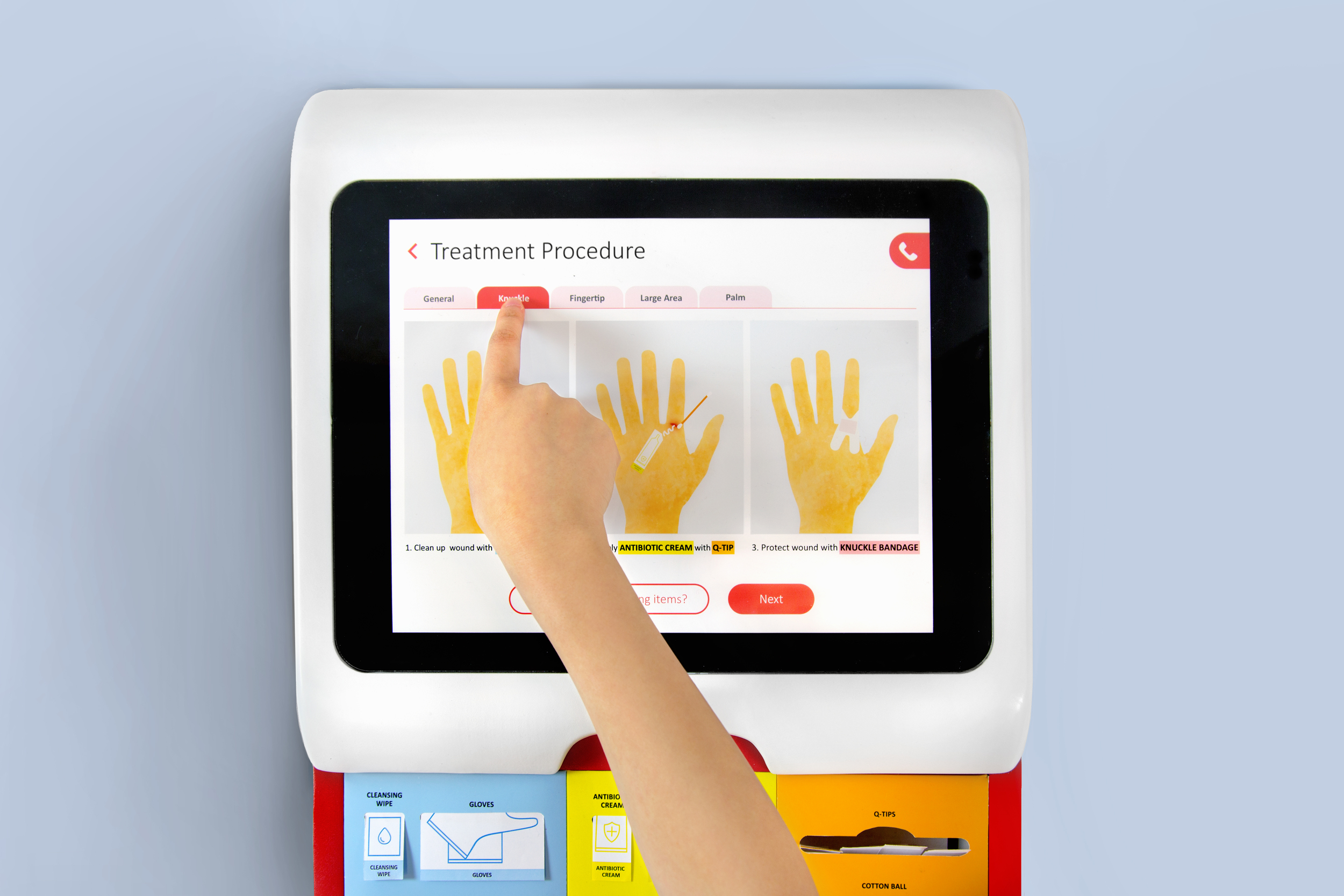 For each kind of injury, users can specify the body part that is injured in order to receive advice for the most appropriate treatment items. In the instruction text, item names are highlighted in color corresponded to item area beneath.