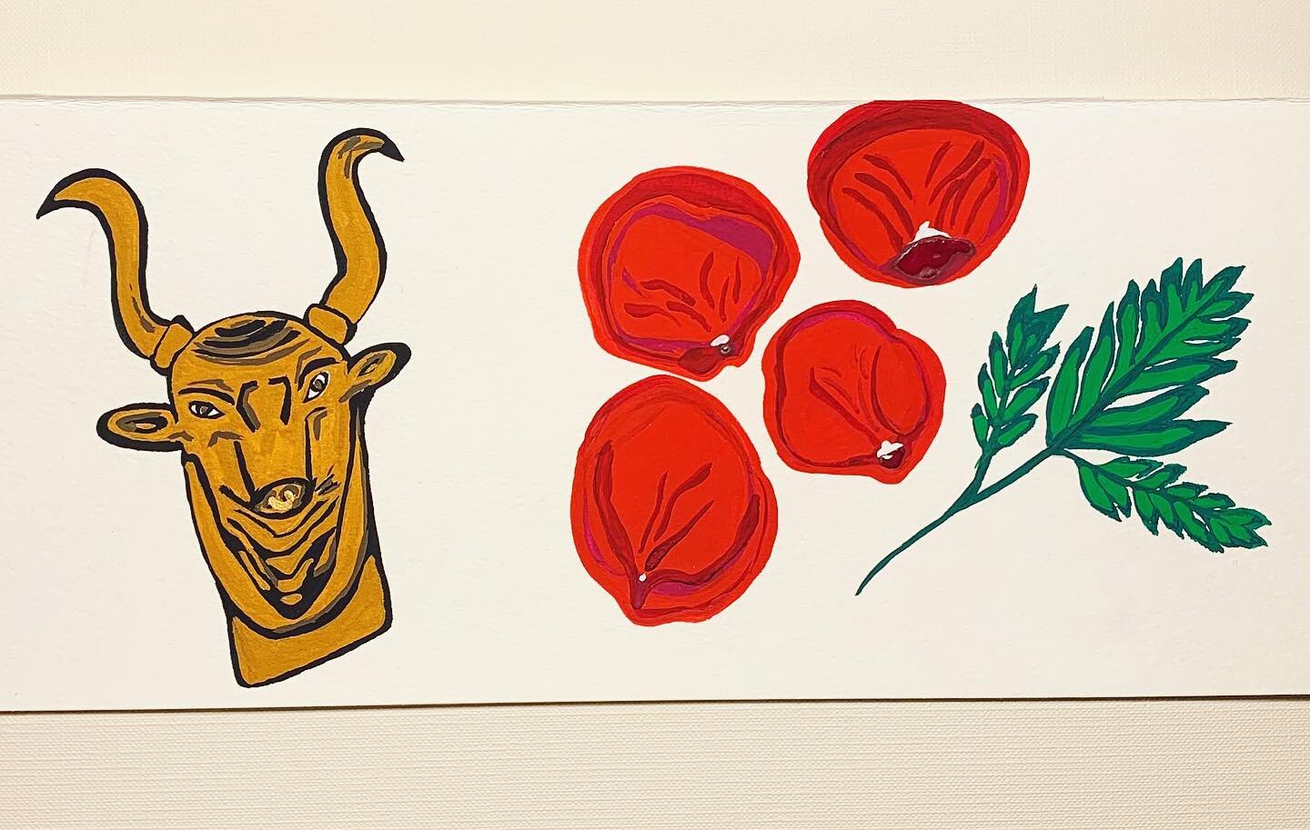 Brass Ox 🐂 Paperweight, Pressed Rose 🌹 Petals, Gouache on Paper, 11x5&rdquo; #yearoftheox #artonpaper #gouache