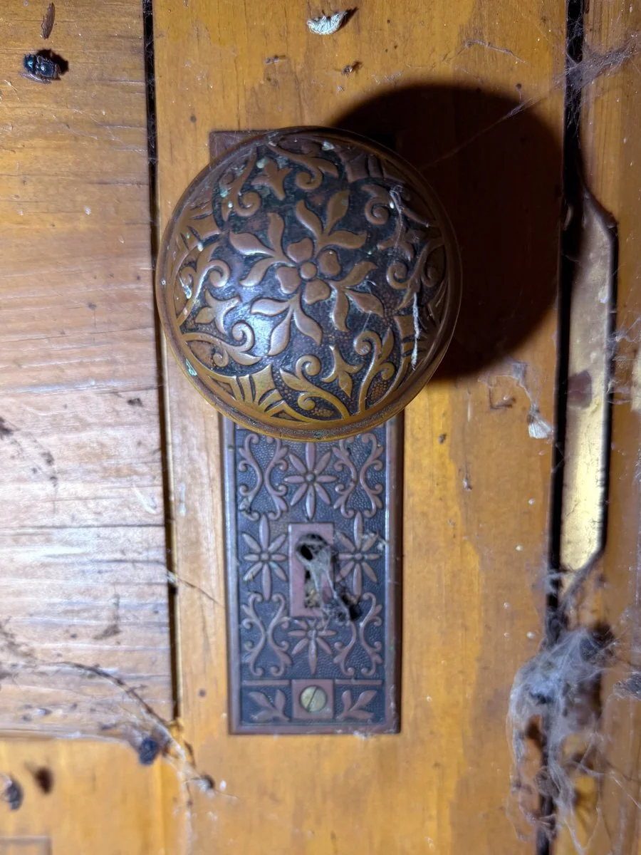 a beautiful doorknob with floral motifs is hidden in the cobwebby basement