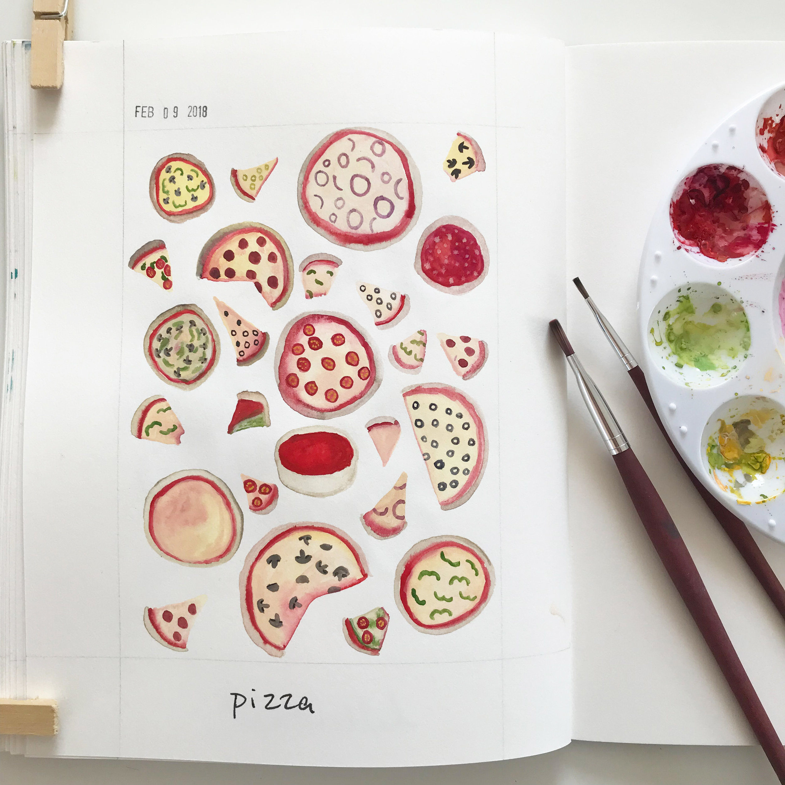 Gouache Pizza Sketches in Anne Butera's Sketchbook