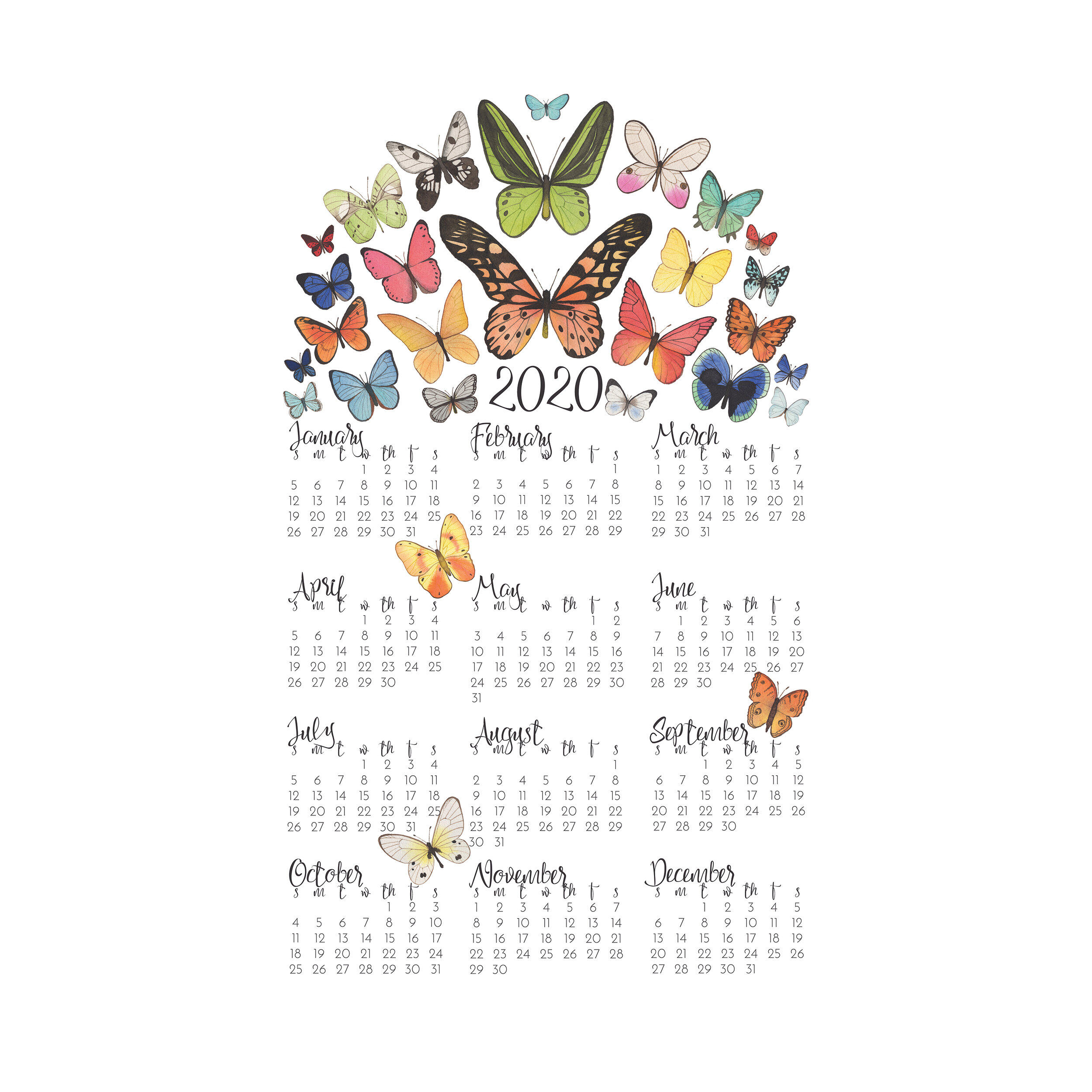 2020 Tea Towel Calendar -- Watercolor Butterflies by Anne Butera