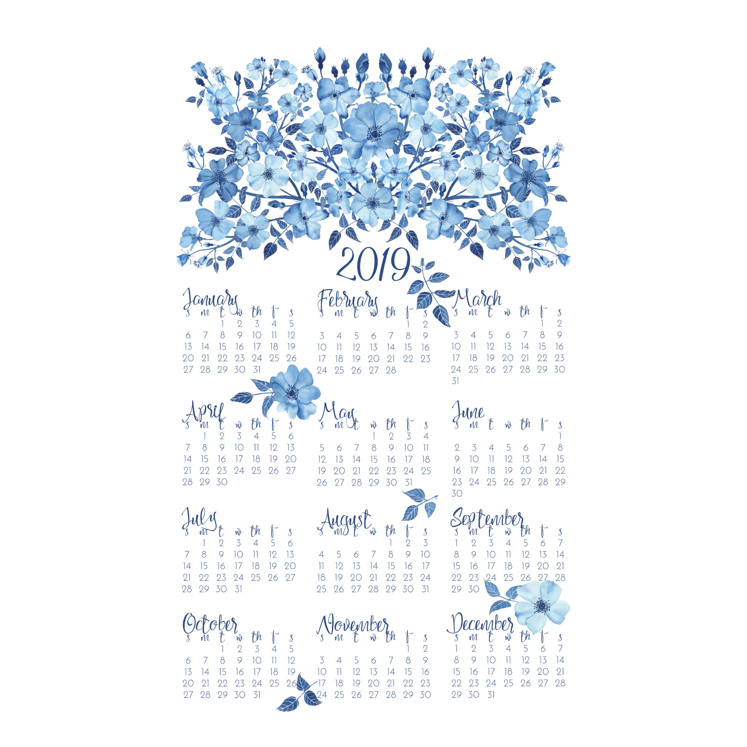 2019 Blue Roses Tea Towel Calendar by Anne Butera