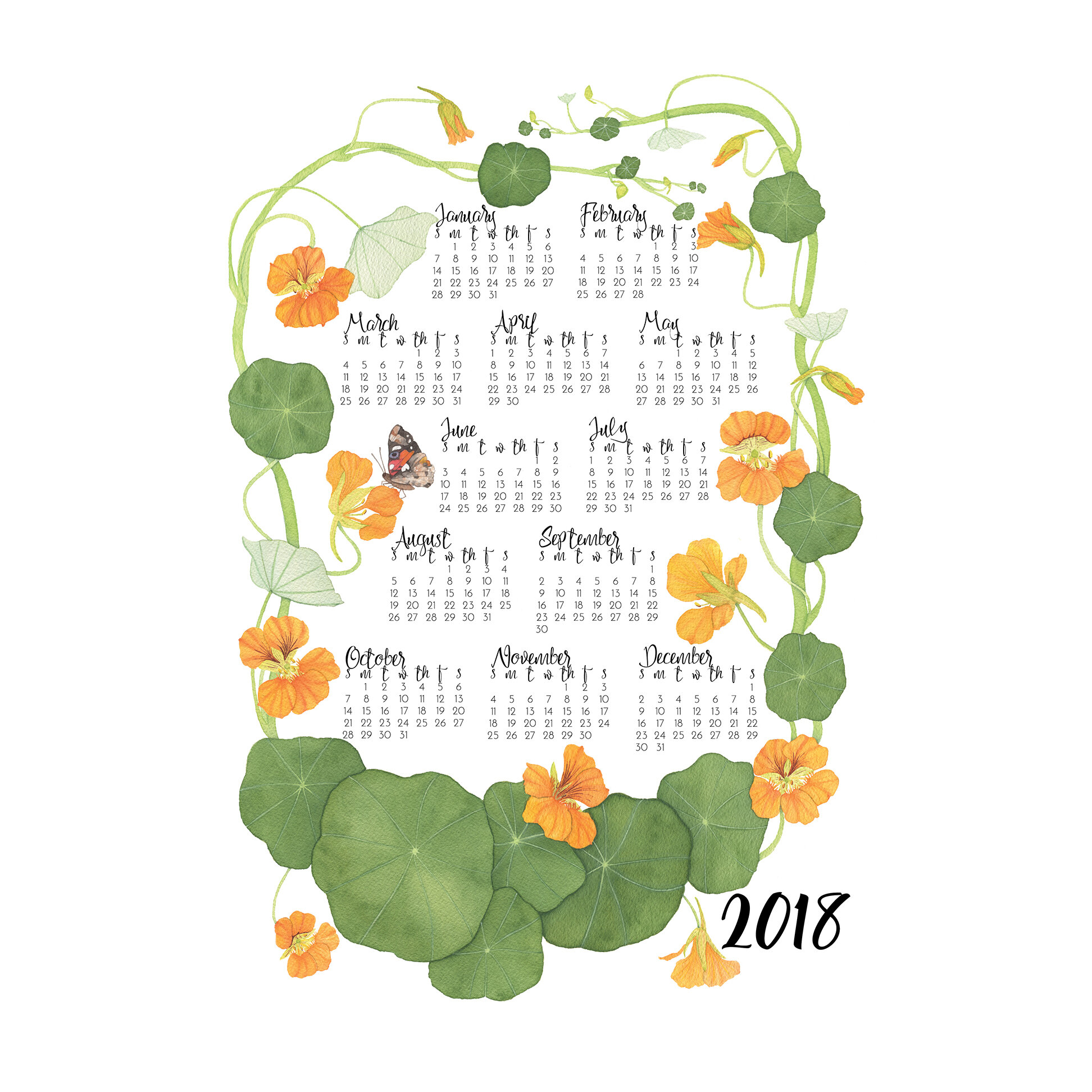2018 Tea Towel Calendar -- Watercolor Nasturtiums by Anne Butera