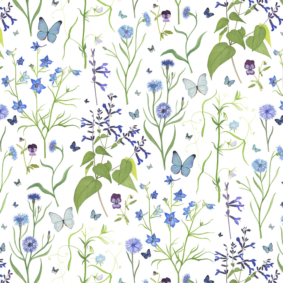 Watercolor Blue Flowers and Butterflies Fabric Design