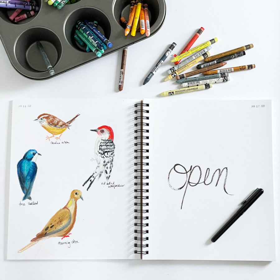  A sketchbook spread featuring birds in crayon and “open” my word of the year. 