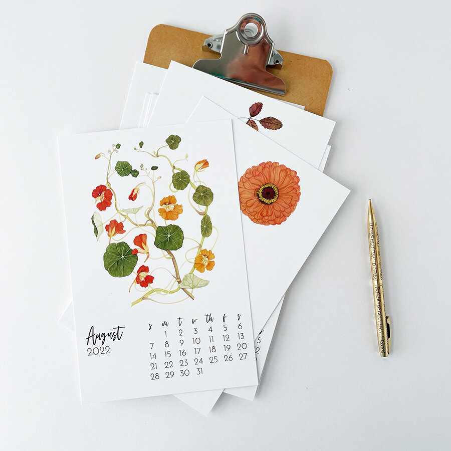 2021 Desk Calendar Watercolor Botanical Floral with Wooden Display Easel & Pinch 