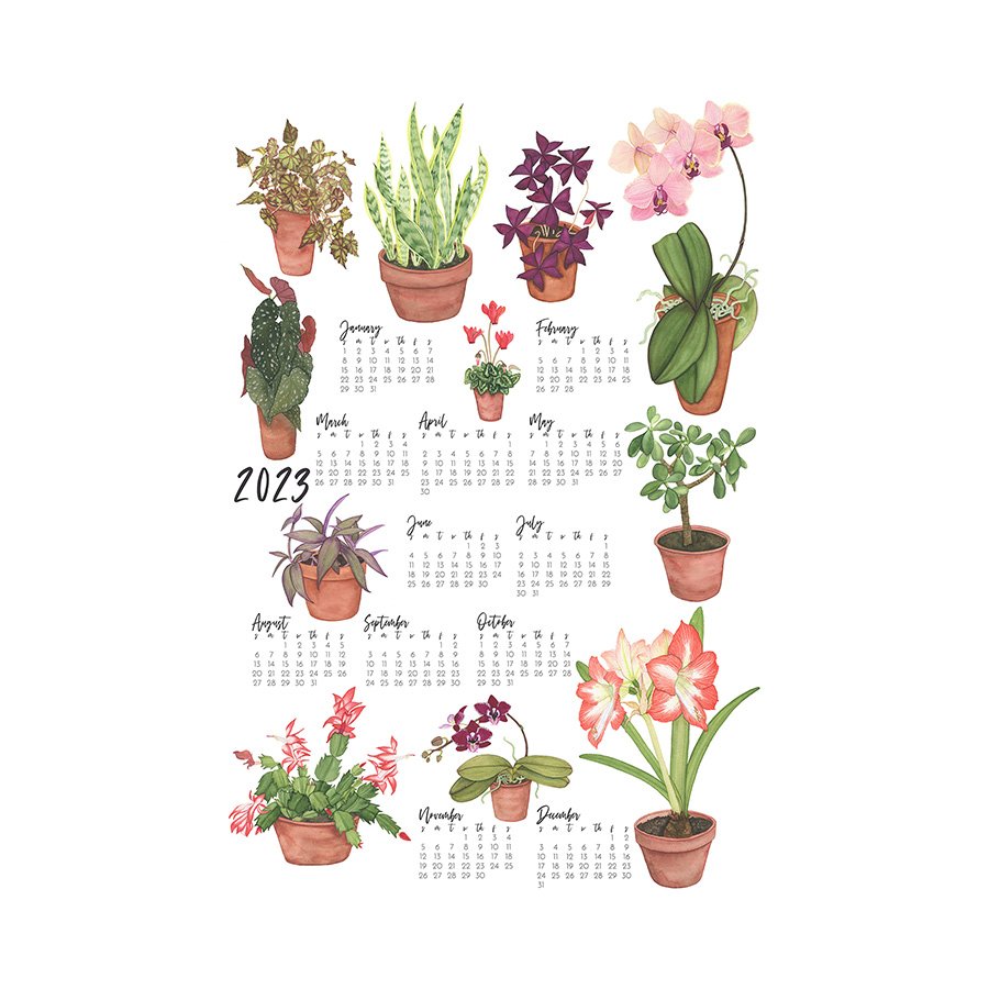 Watercolor Houseplants 2023 Tea Towel and Wall Hanging Calendar