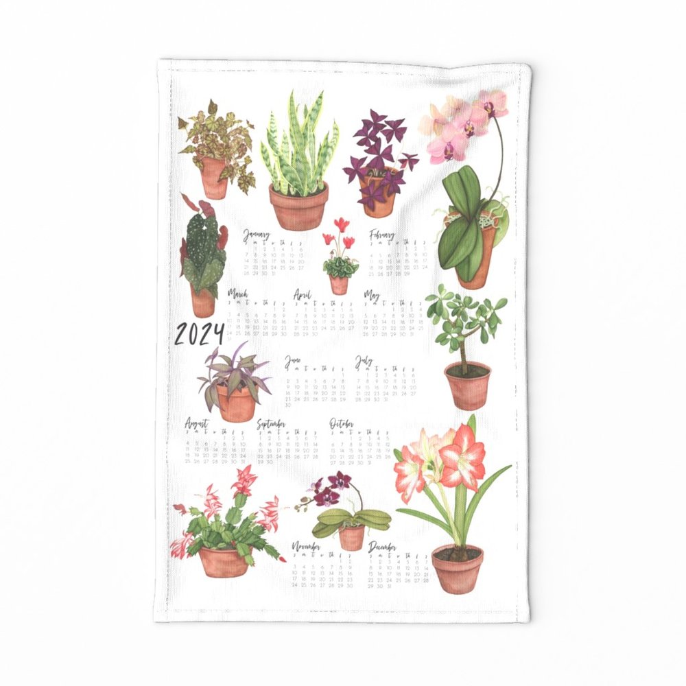2024 Watercolor Houseplants Tea Towel Calendar