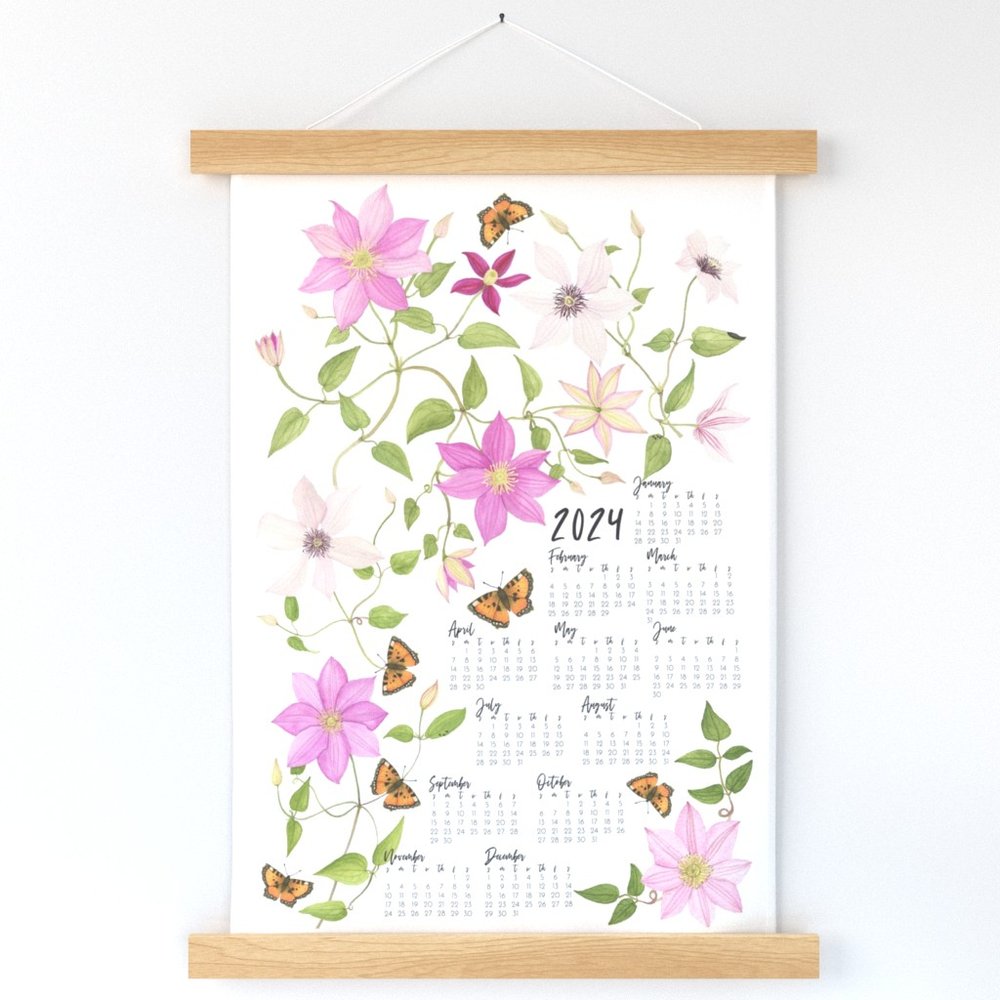 Watercolor Clematis 2024 Tea Towel Calendar