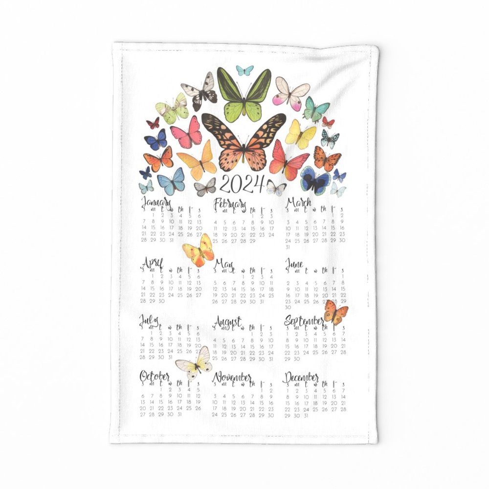 2024 Watercolor Butterflies Tea Towel Calendar
