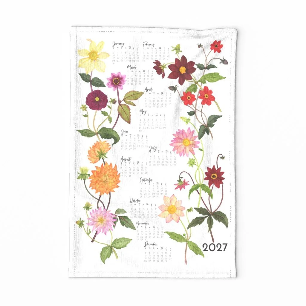 Watercolor Dahlias on a 2027 Tea Towel Calendar by botanical artist Anne Butera