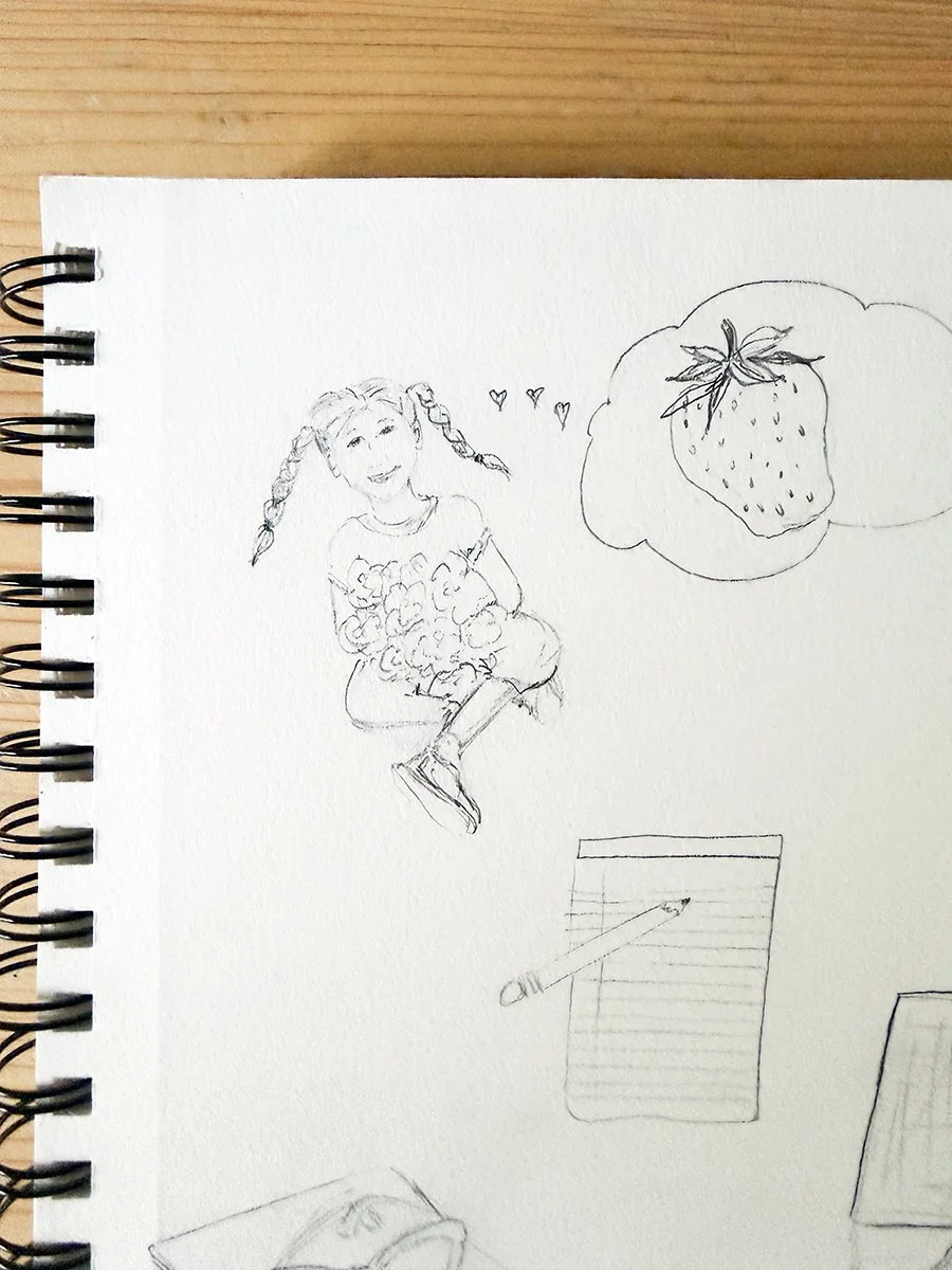 pencil sketches in Anne Butera's sketchbook show a brainstorming session with thoughts of My Giant Strawberry