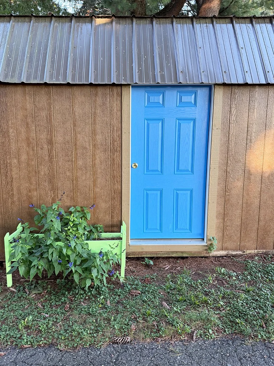 a shed door painted blue gives a joyful pop of color to a boring building